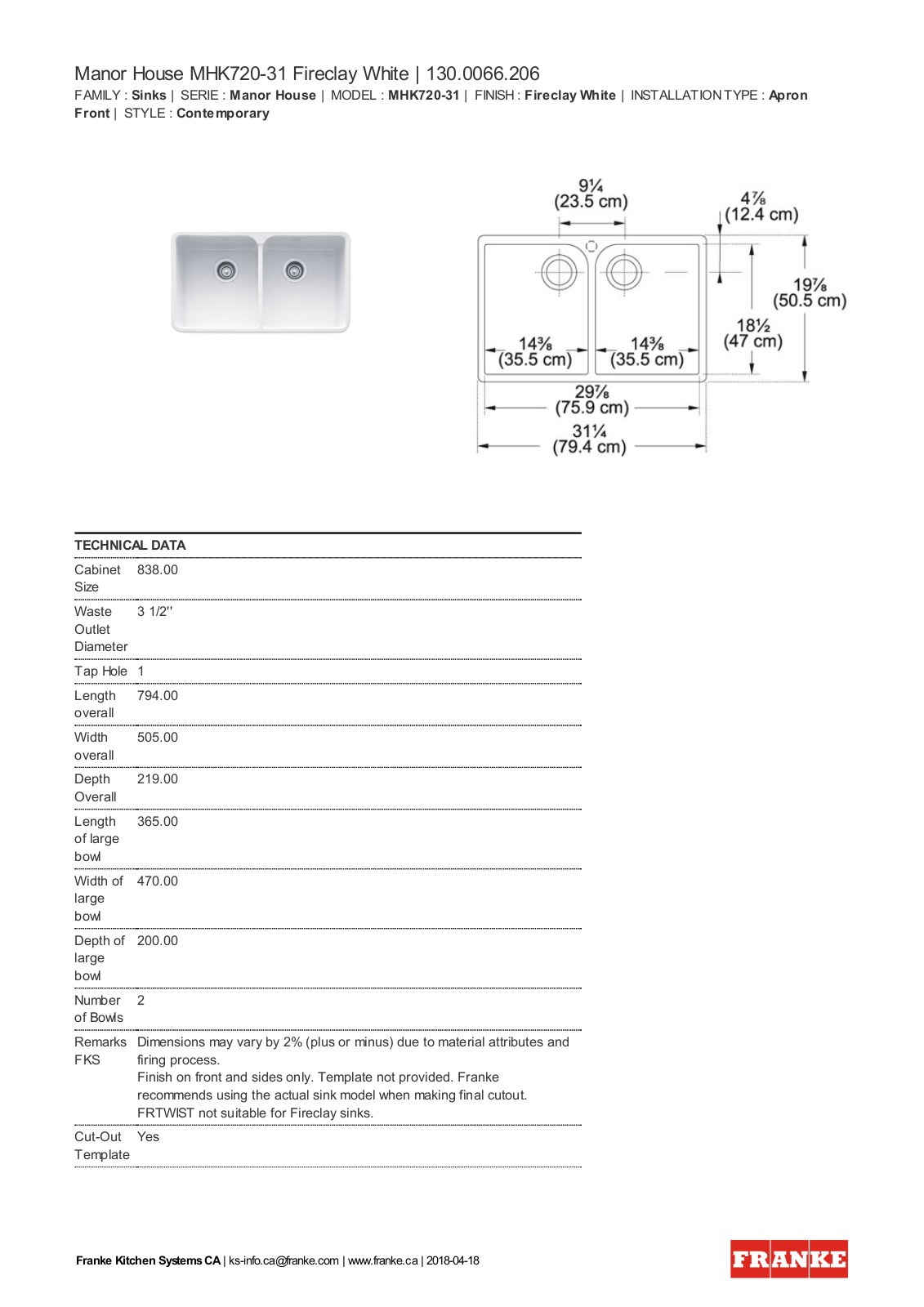 Franke FKX1159 Specifications - ManualMachine.com