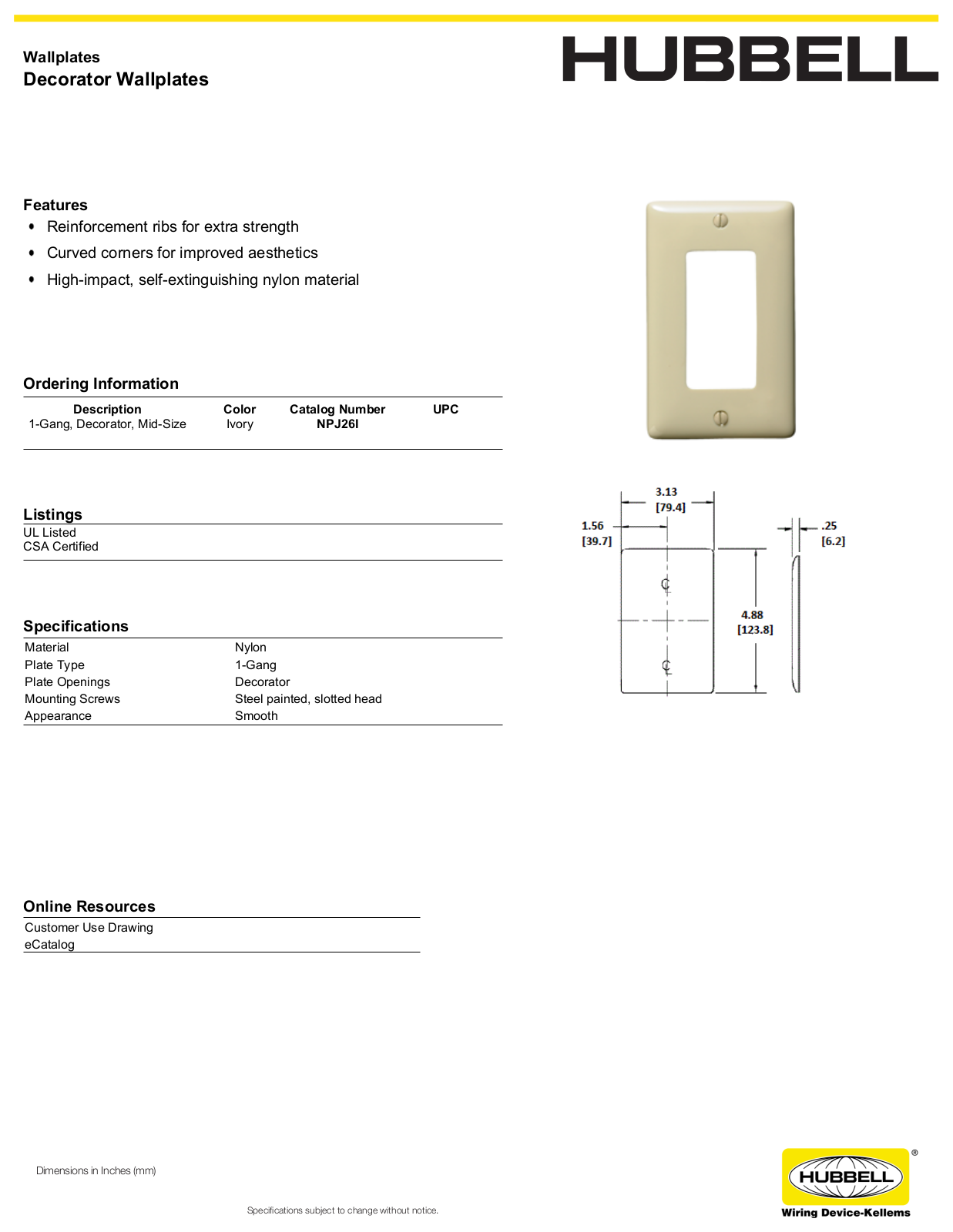 Hubbell NPJ26I Specifications