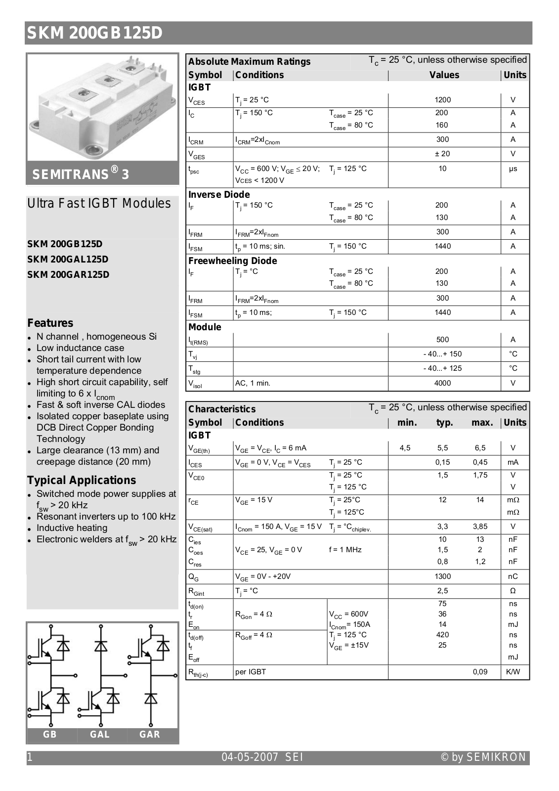 Semikron SKM200GB125D Data Sheet