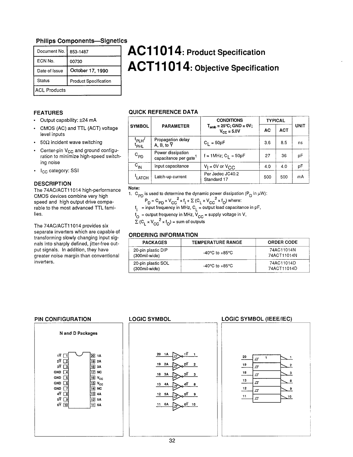 Philips 74ACT11014N, 74ACT11014D, 74AC11014D Datasheet