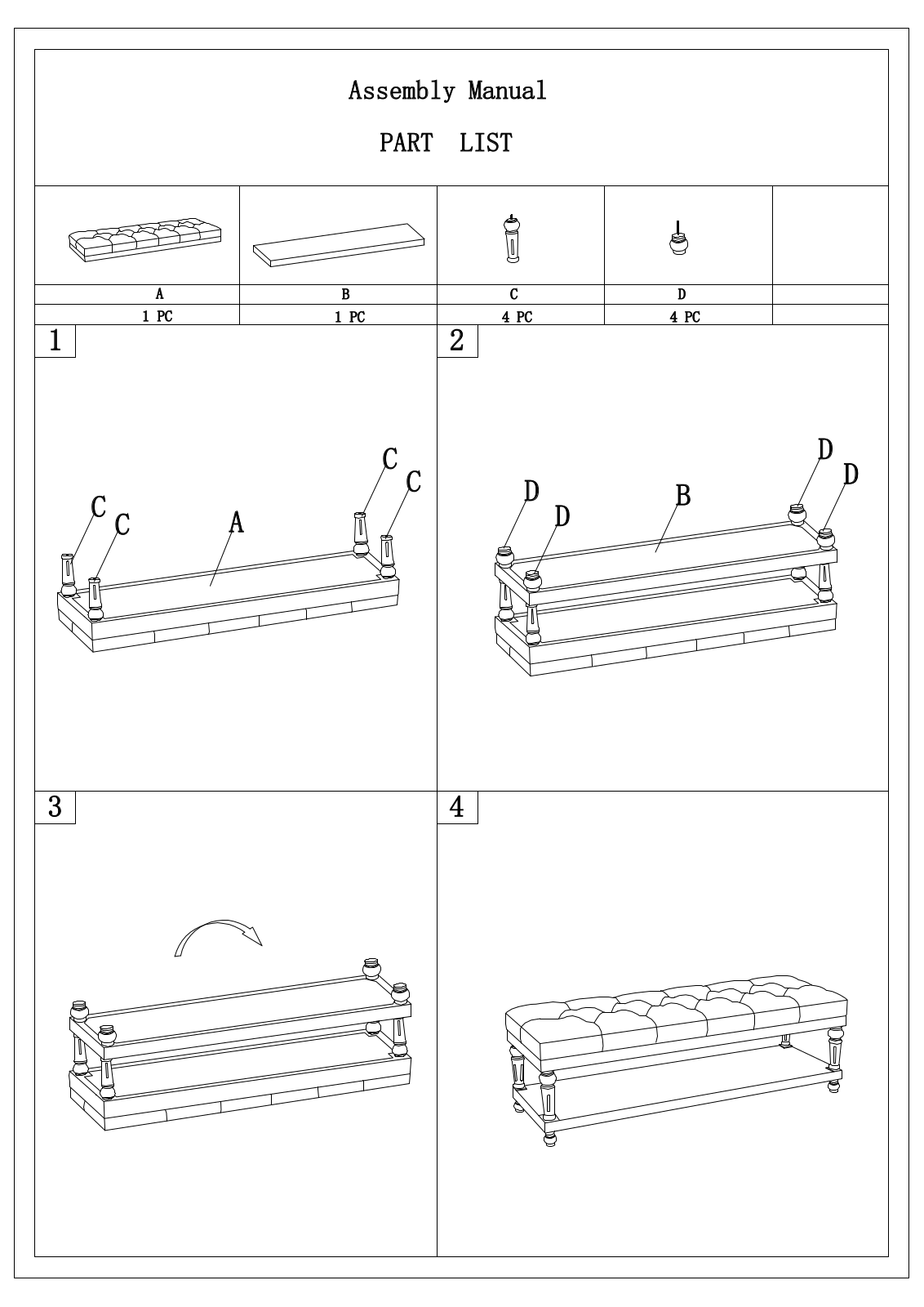 Wholesale Interiors JY0003CHARCOALGREYWASHEDBENCH, JY0003GREYGREYWASHEDBENCH Assembly Guide