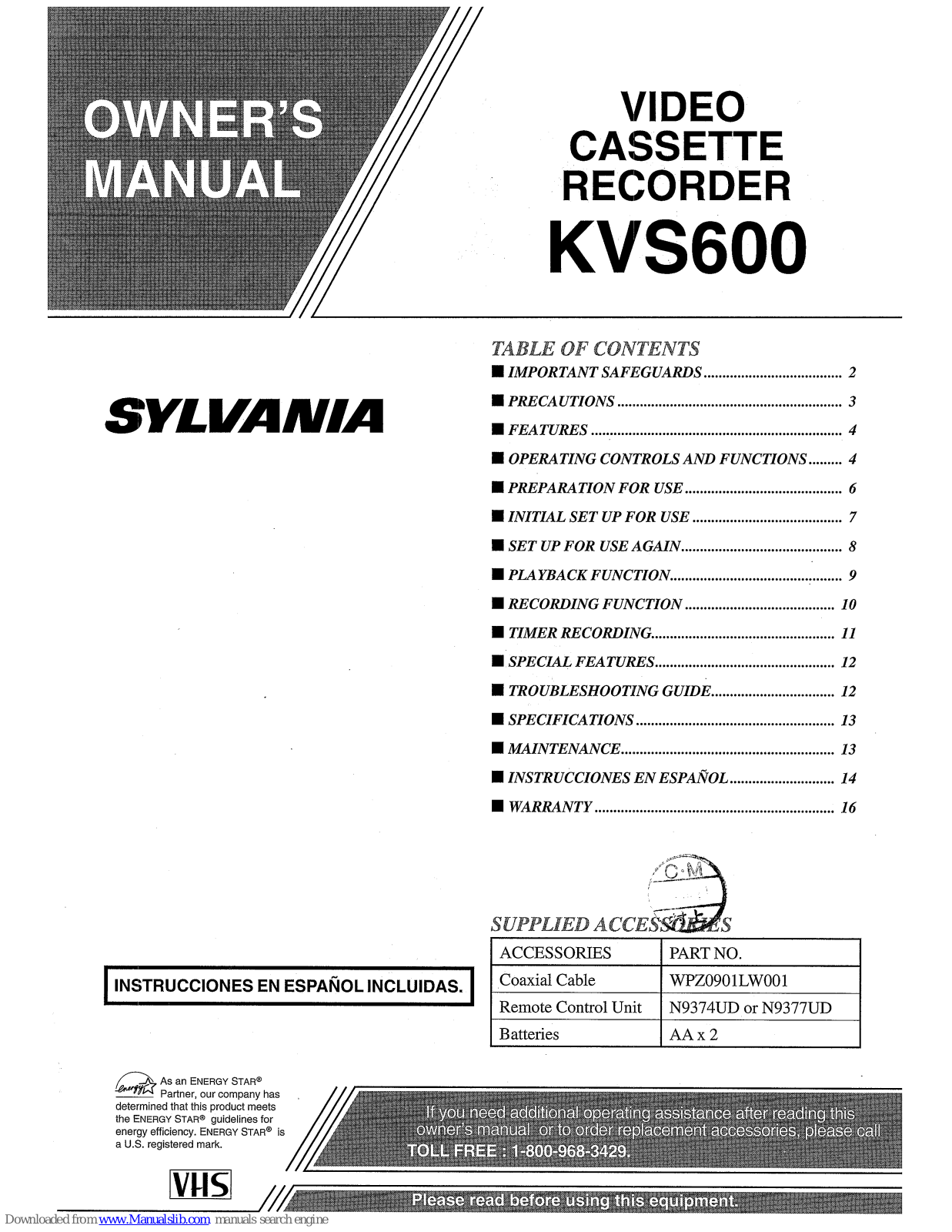 Sylvania KVS600 Owner's Manual