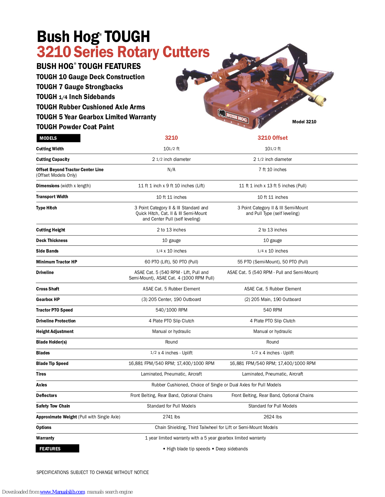 Bush Hog TOUGH 3210 Offset Specification Sheet