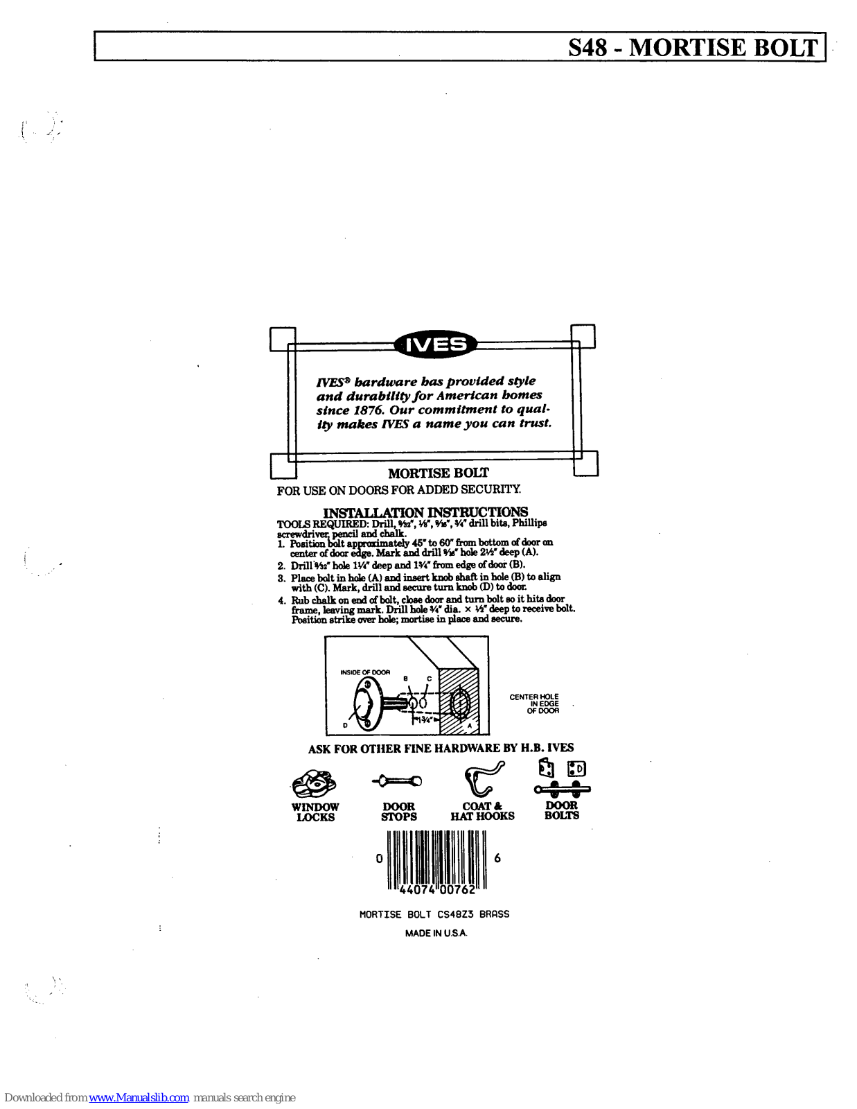 Ives Mortise Bolt S48 Installation Instructions Manual