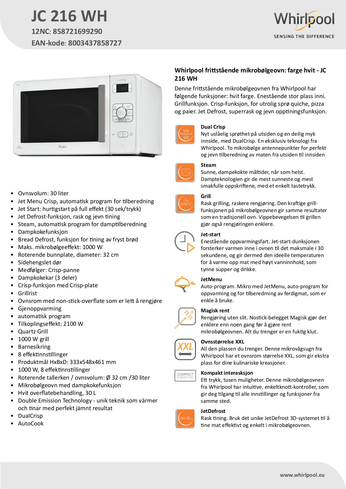 Whirlpool JC 216 WH Product information