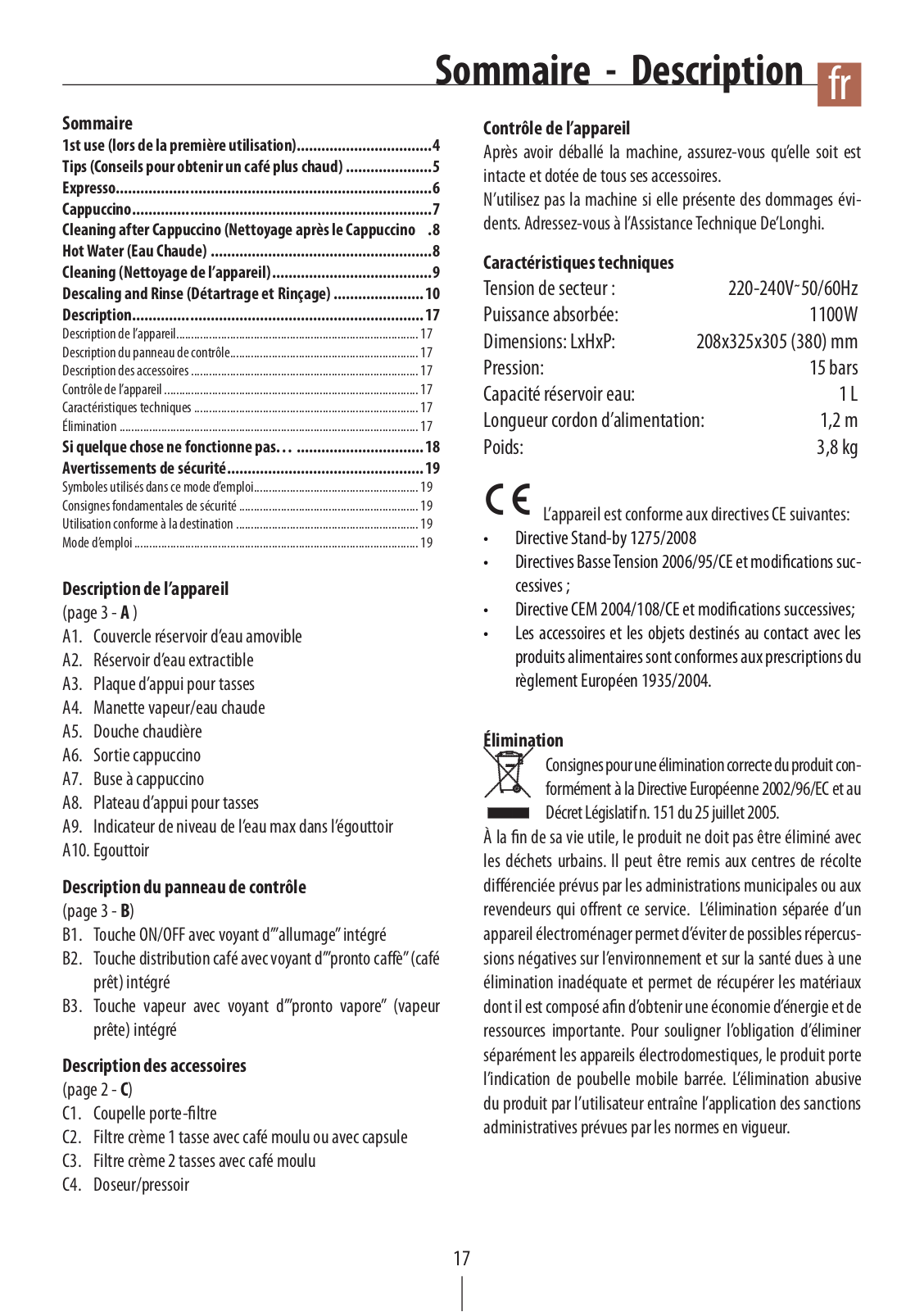 DELONGHI EC 250 W User Manual