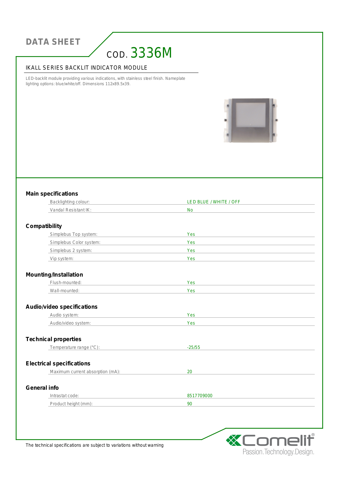 Comelit 3336M Specsheet - ManualMachine.com