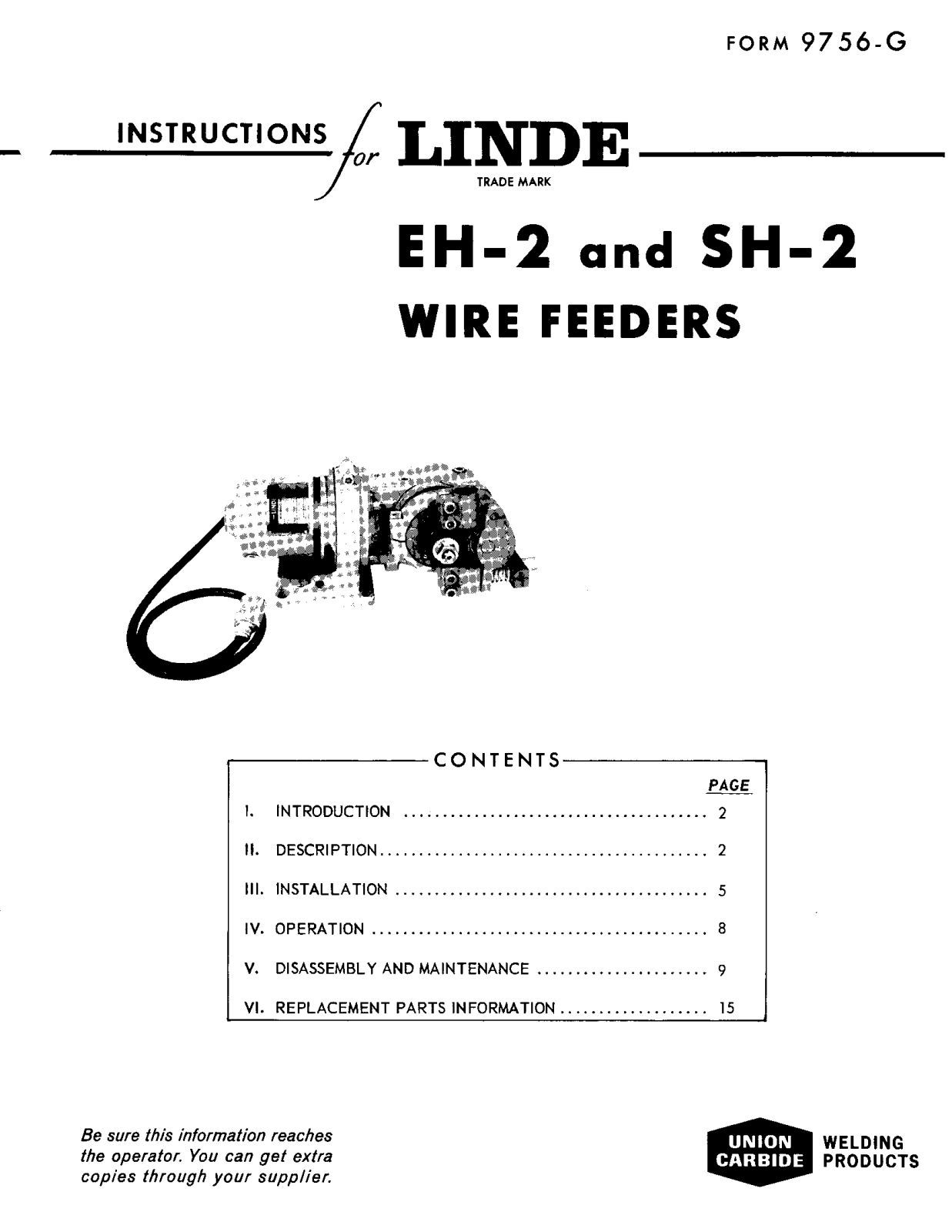 UNION CARBIDE Linde EH-2 and SH-2 Wire Feeders Troubleshooting instruction