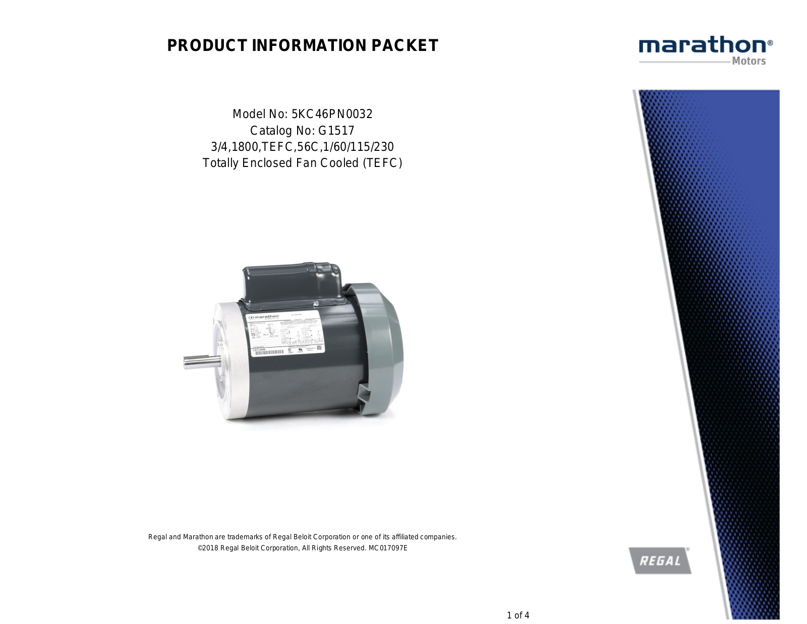 Marathon Electric 5KC46PN0032 Product Information Packet