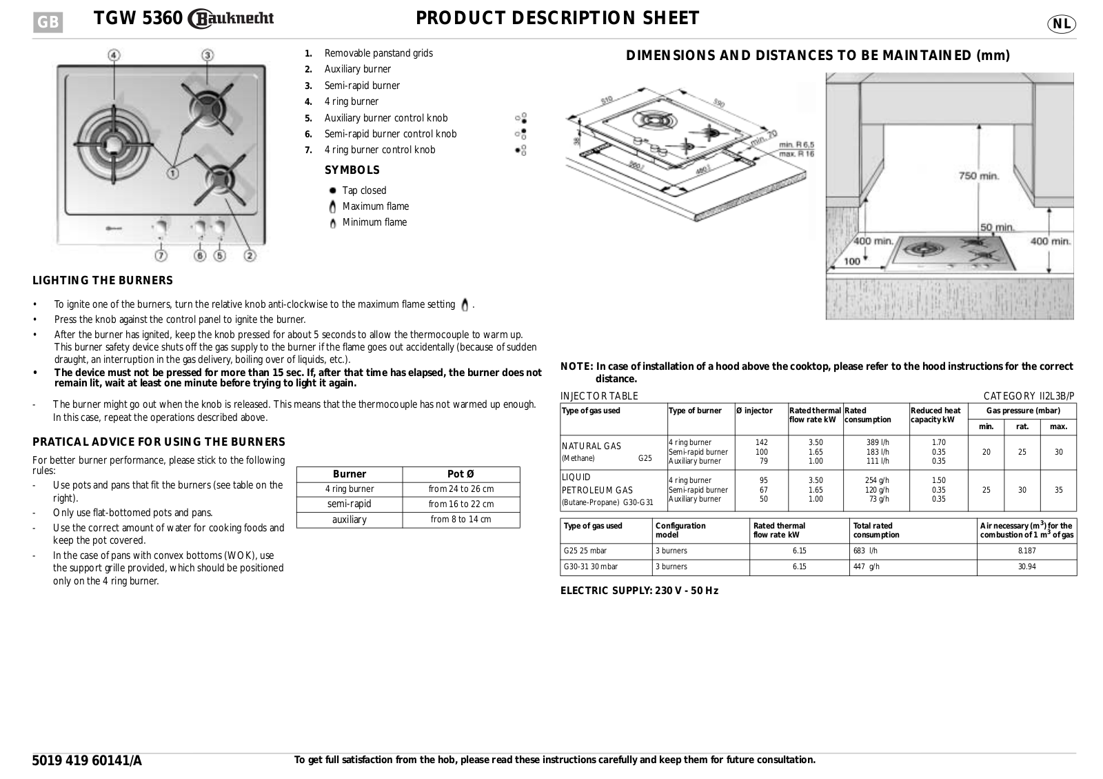 Whirlpool TGW 5360 PRODUCT DESCRIPTION SHEET