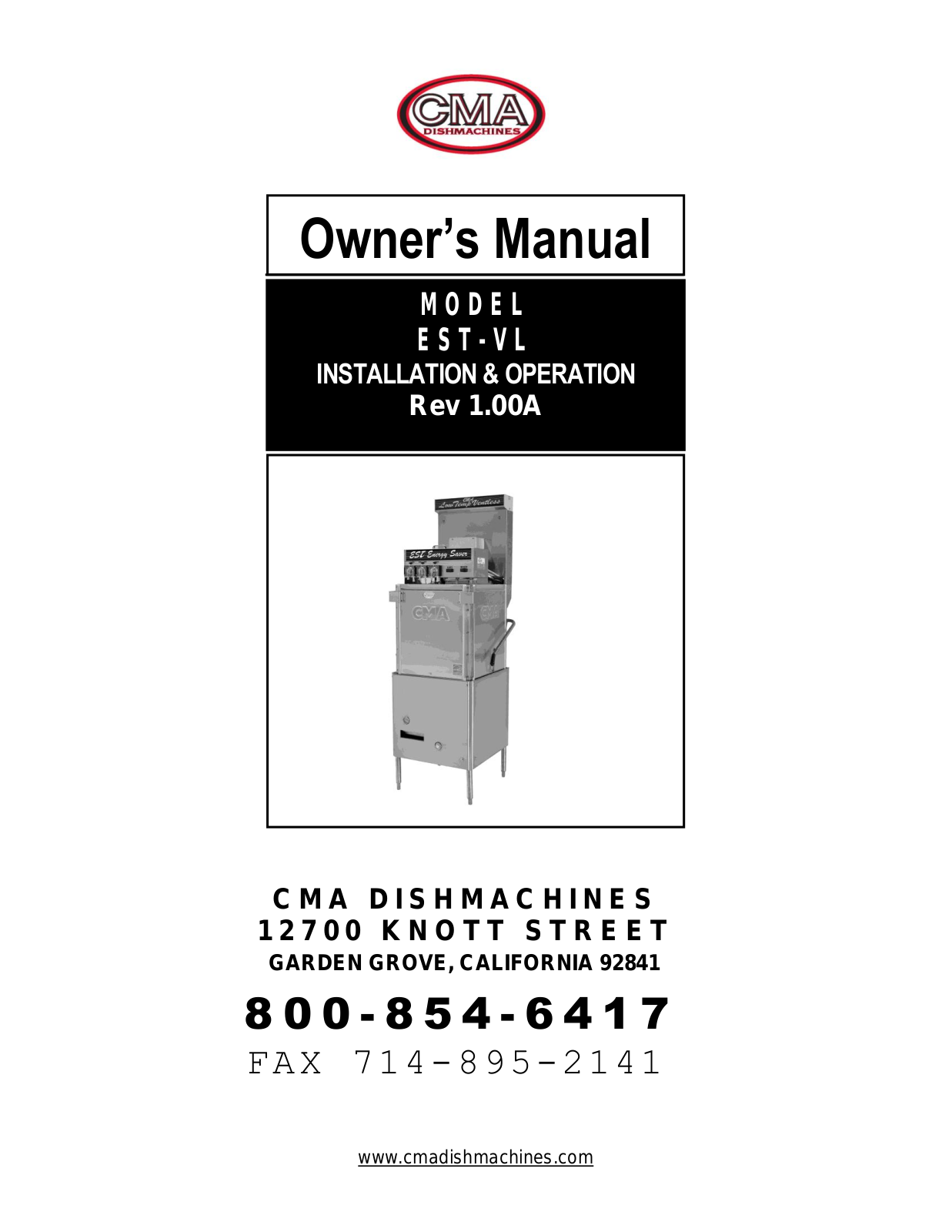 CMA Dish Machines EST-VENTLESS Operator’s Manual