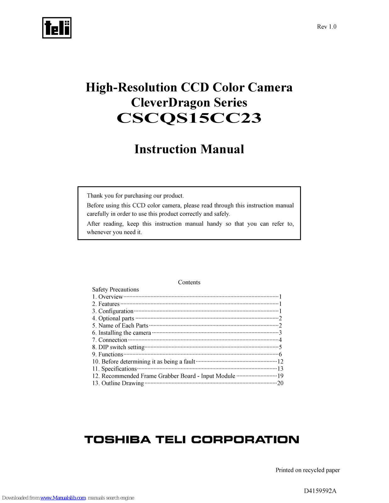 Teli CleverDragon CSCQS15CC23 Instruction Manual