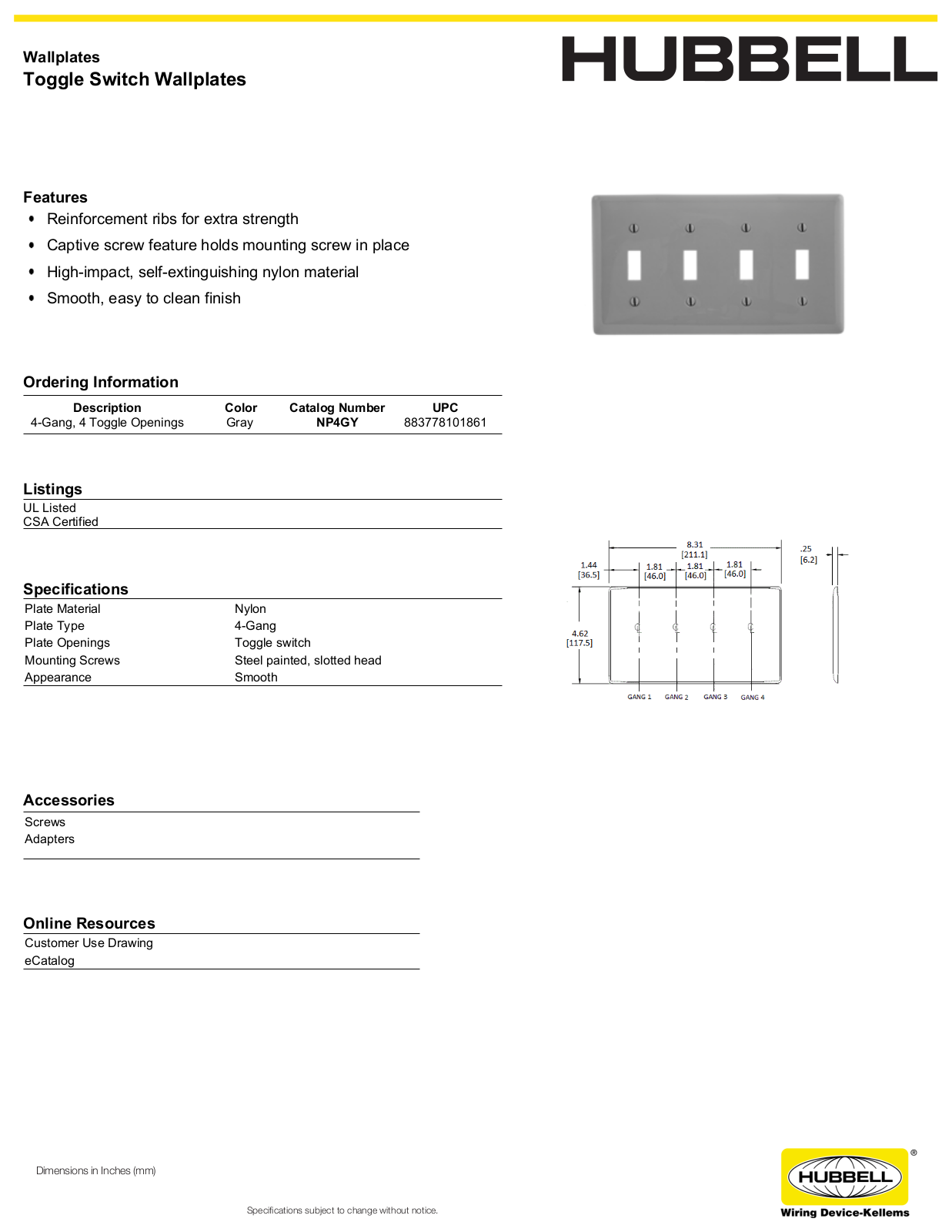 Hubbell NP4GY Specifications