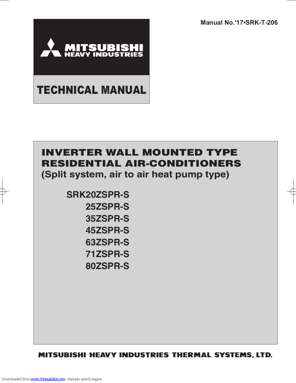 Mitsubishi Heavy Industries SRK20ZSPR-S, SRK25ZSPR-S, SRK63ZSPR-S, SRK71ZSPR-S, SRK35ZSPR-S Technical Manual