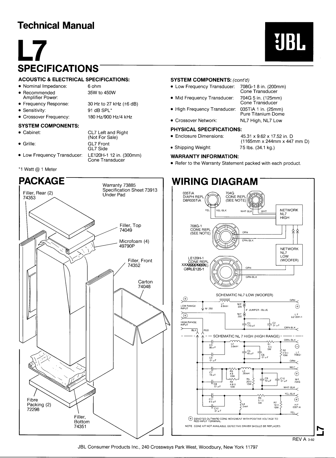 Jbl L7 Specifications