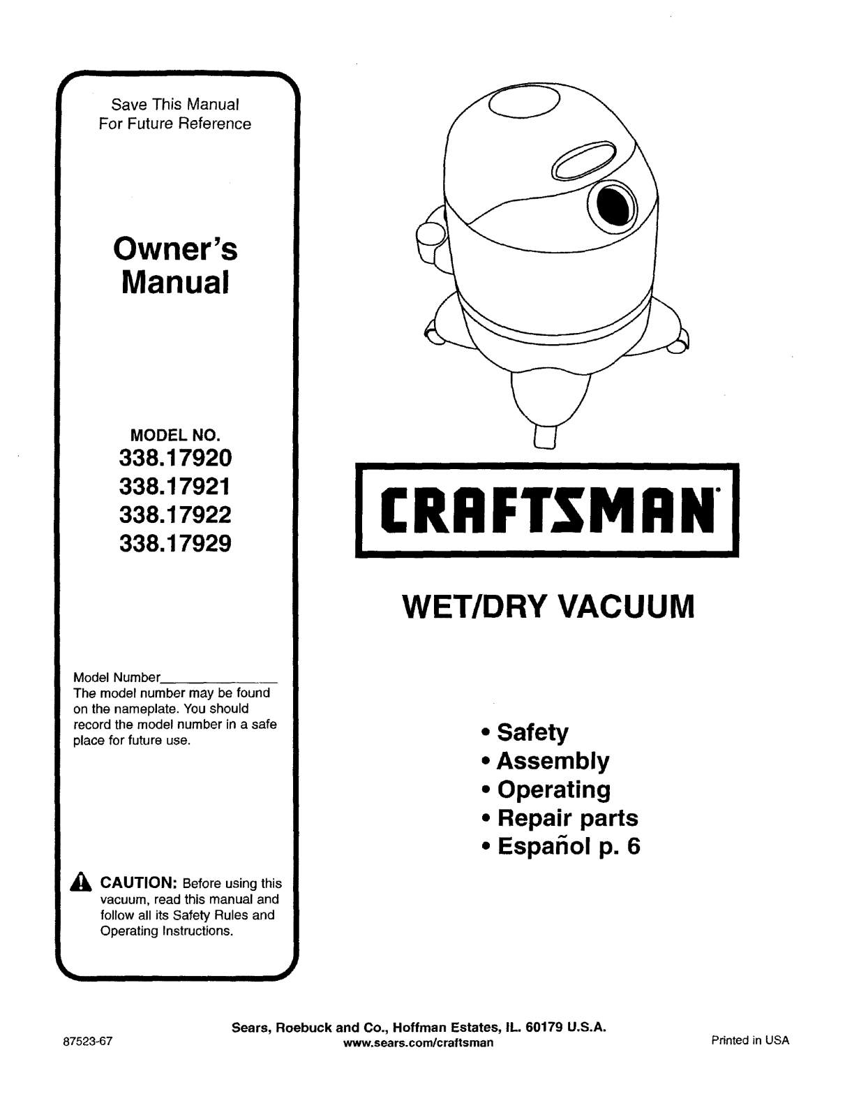Craftsman 338.17929, 338.17922, 338.17920, 338.17921 Owner's Manual