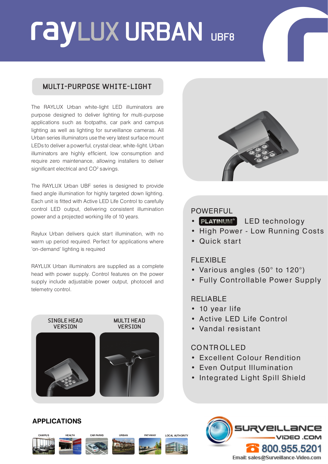 Raytec UBF-8-120, UBF-8-120H-80V, UBF-8-50, UBF-8-80H-120V Specsheet