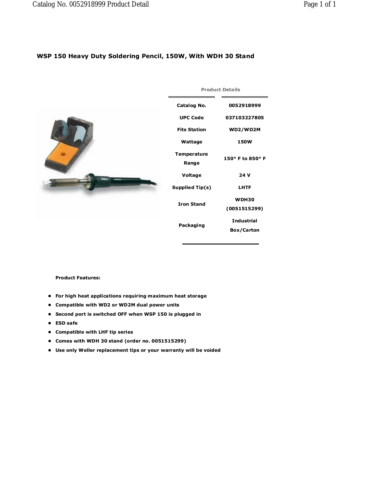 Weller - Apex Tool Group 0052918999 Data Sheet