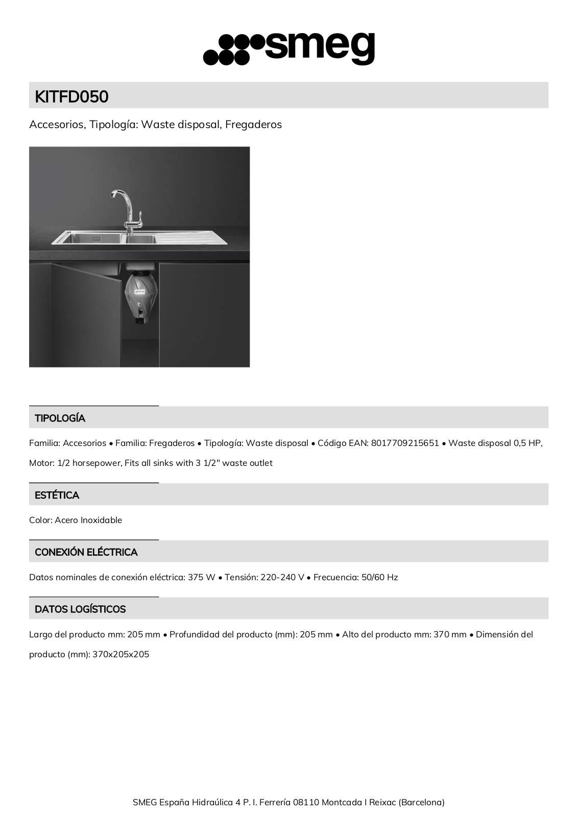 Smeg KITFD050 Product Information Sheet