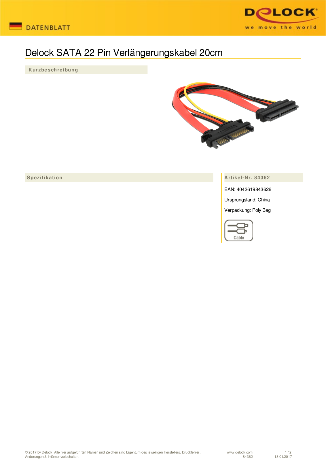 DeLOCK cable extension SATA 22-Pin plug to SATA 22-Pin socket, 0.20m User Manual