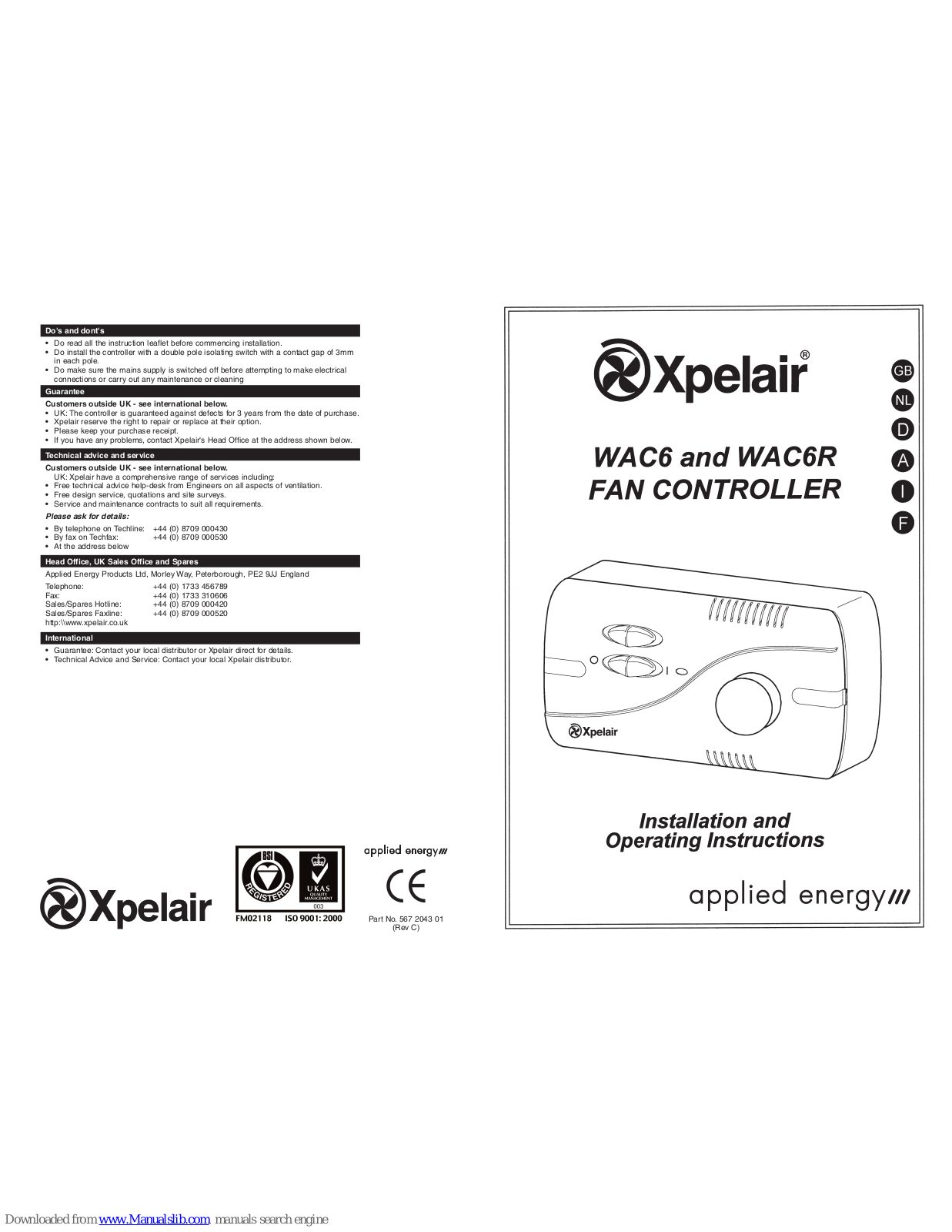 Xpelair WAC6, WAC6R Installation And Operating Instructions Manual