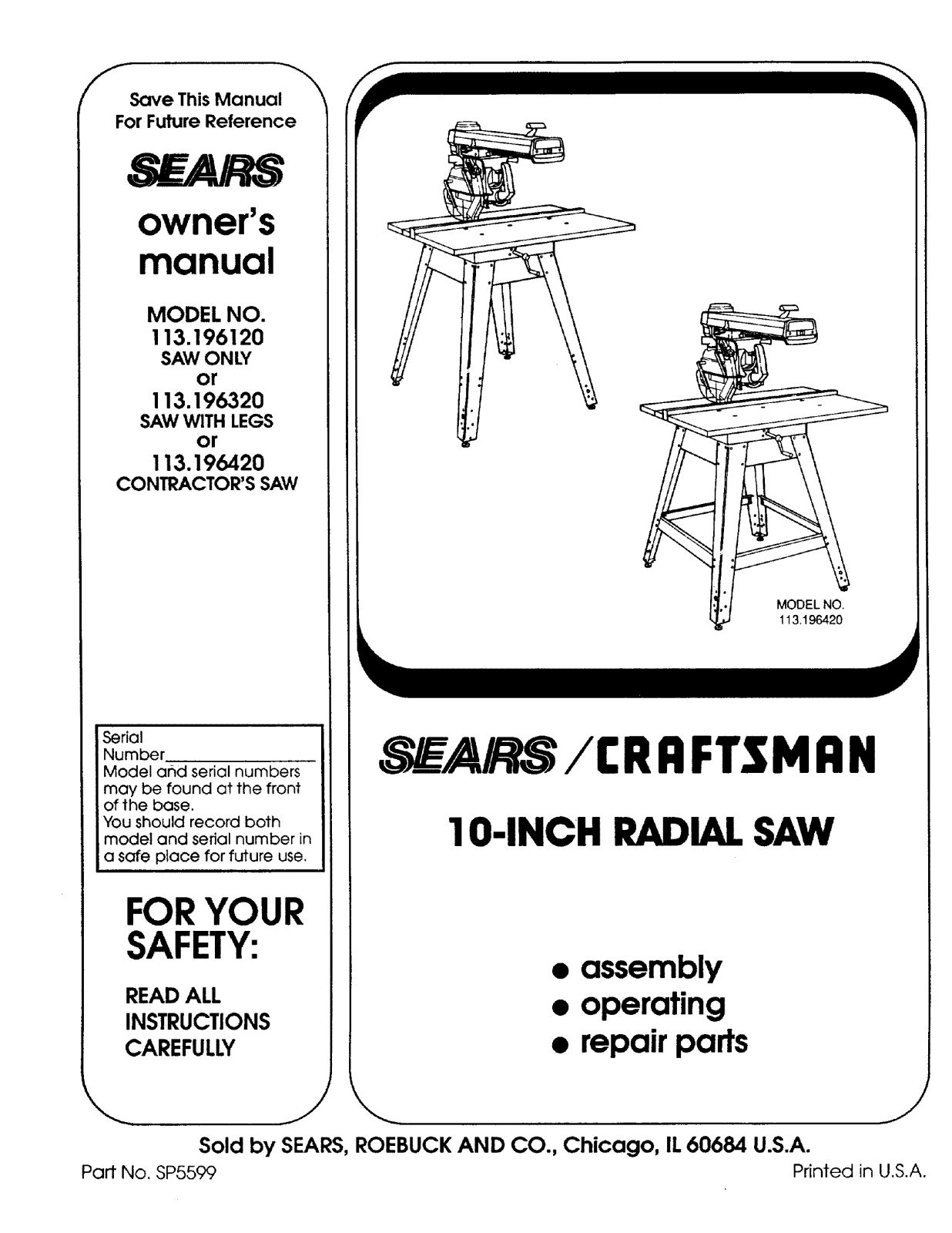 Craftsman 113196320, 113196420, 113196120 Owner’s Manual