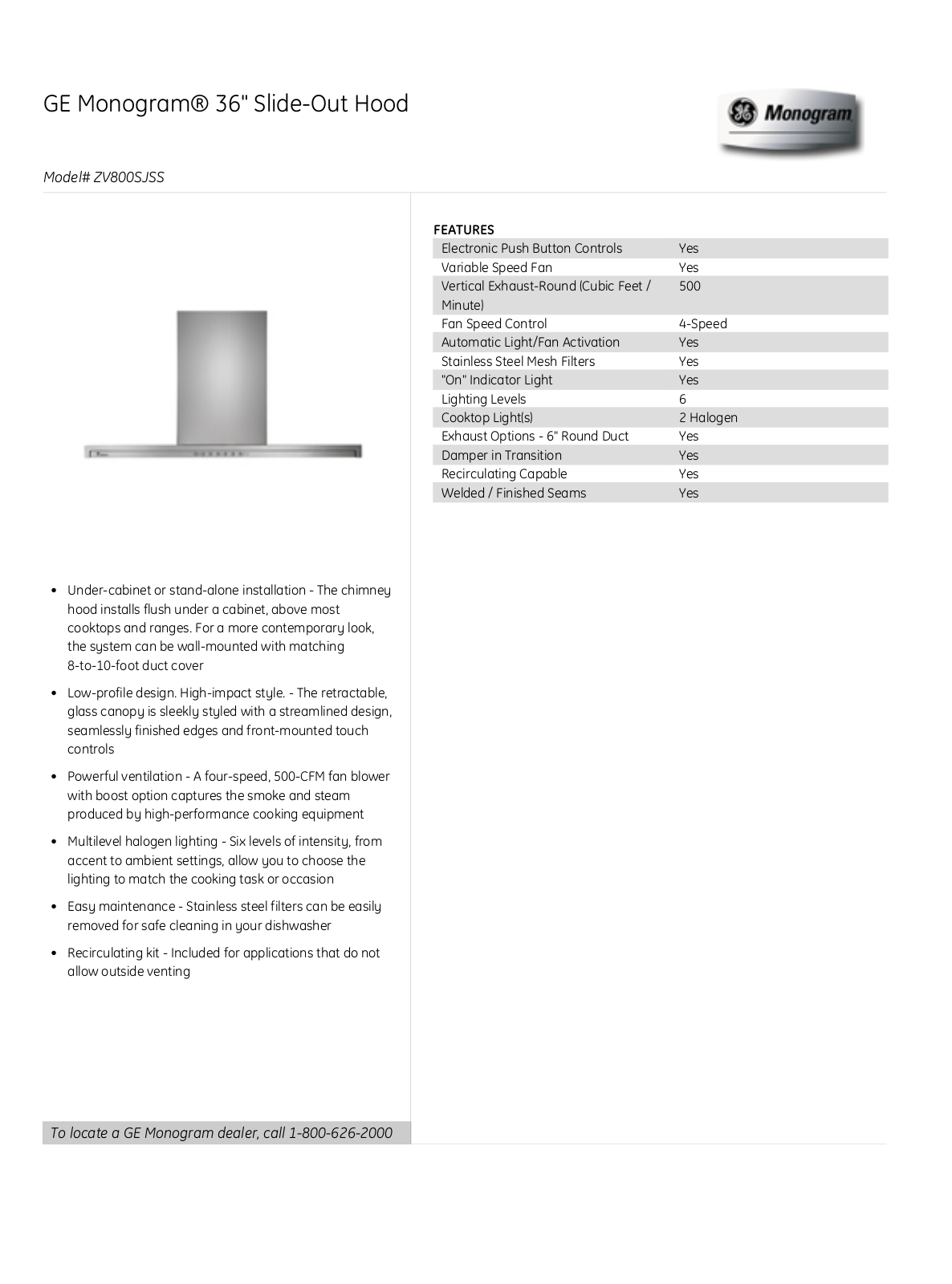 Monogram ZV800SJSS Product Feature manual