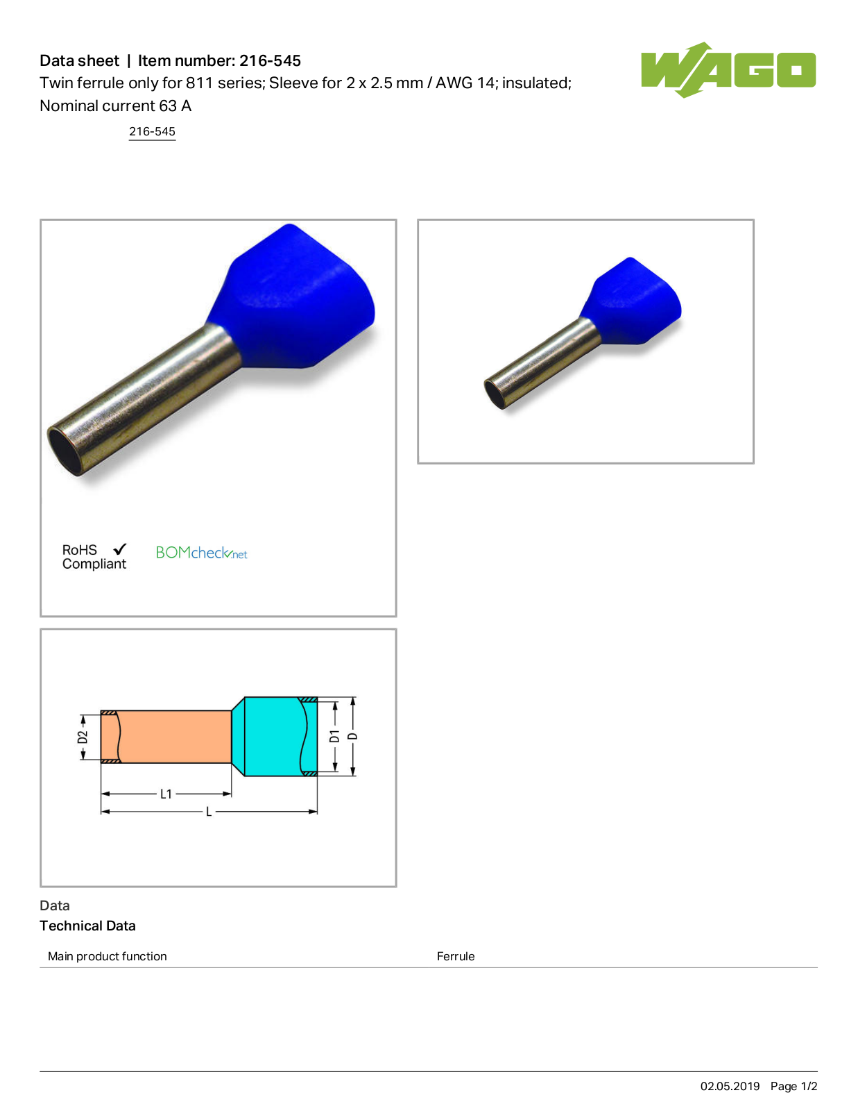 Wago 216-545 Data Sheet