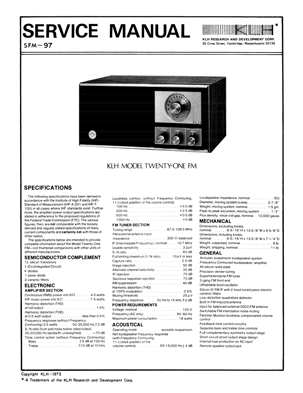 KLH Twentyone Service manual