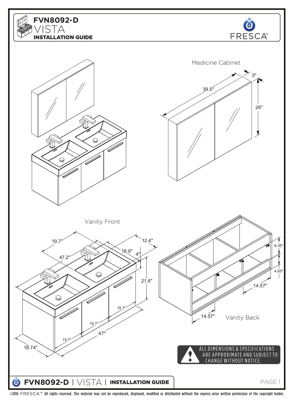 Fresca FVN8092WHD Installation Manual