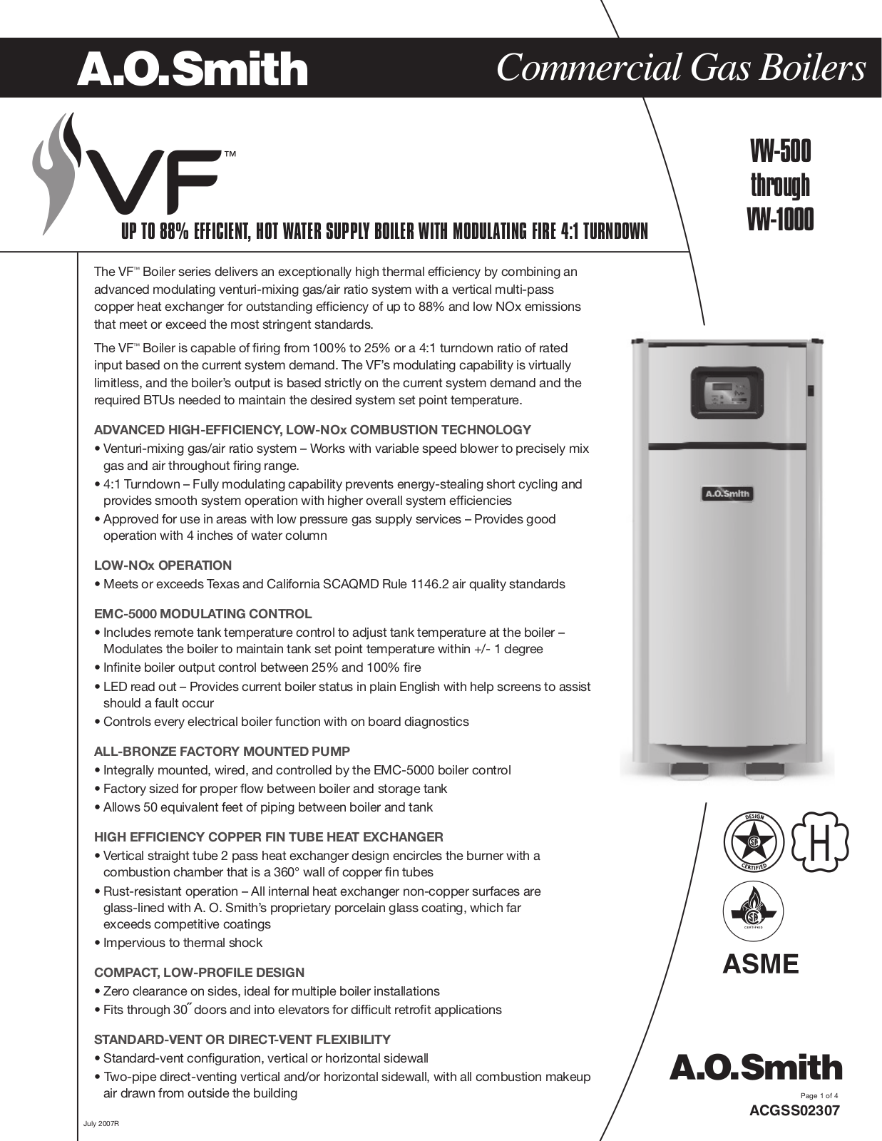 A.O. Smith VW-500, ACGSS02307, VW-1000 User Manual