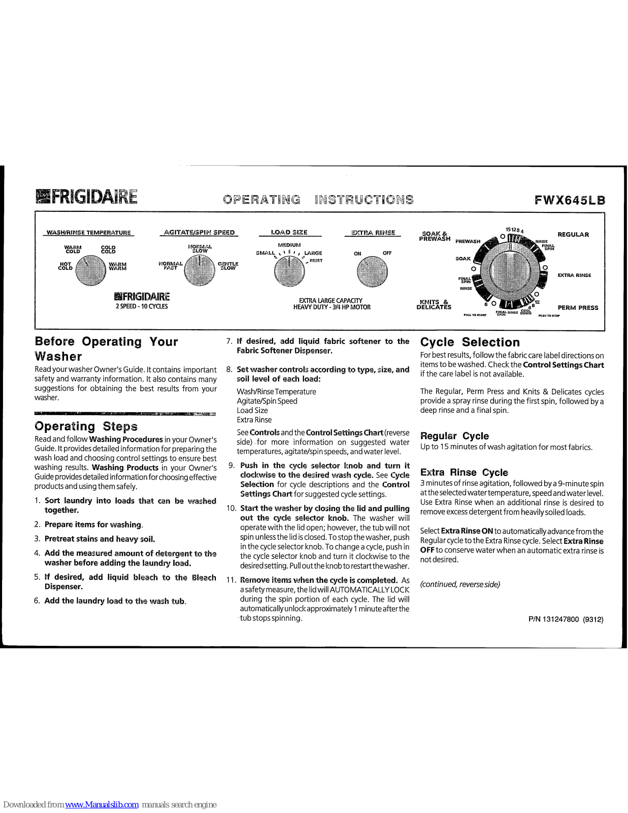 Frigidaire FWX645LB Operating Instructions Manual