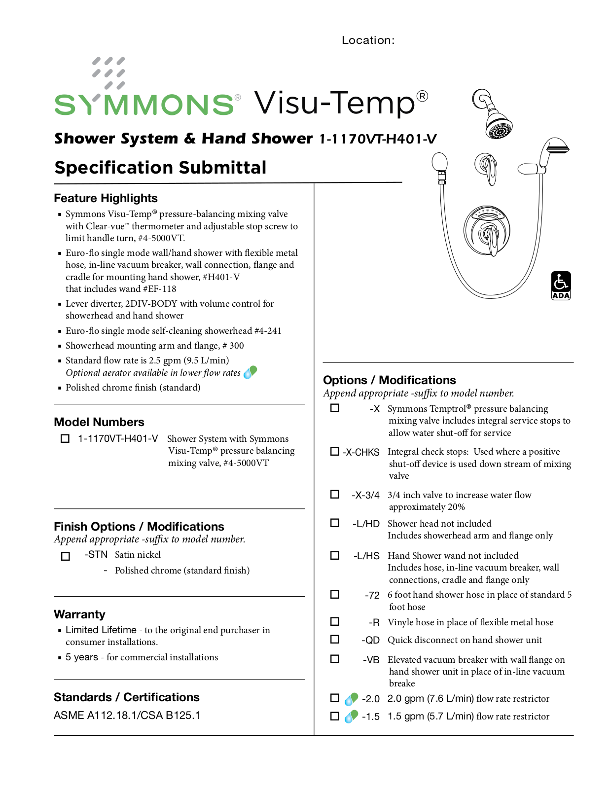 Symmons 1-1170VT-H401-V User Manual