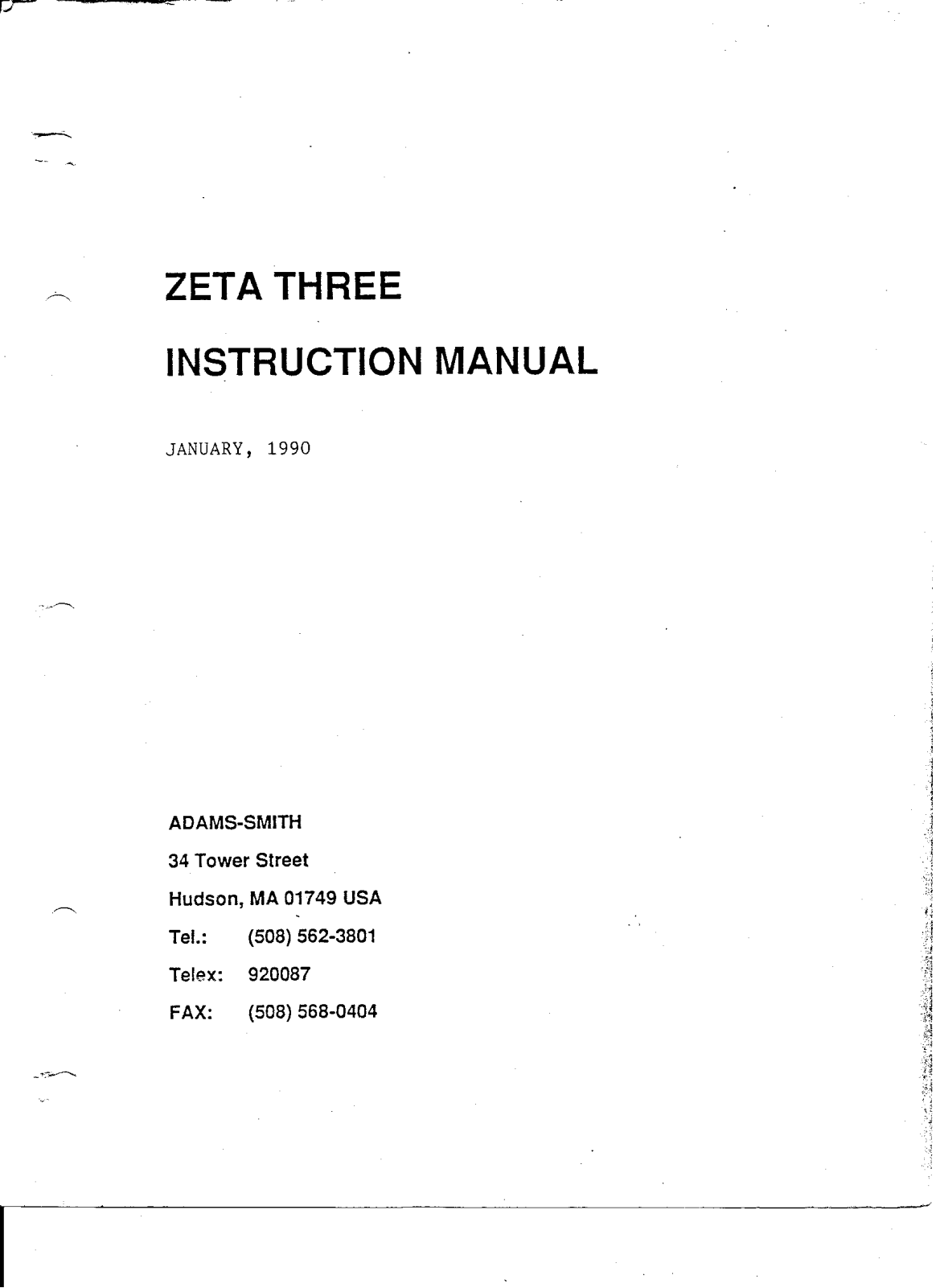 Adam Smith Zeta Three Instruction Manual