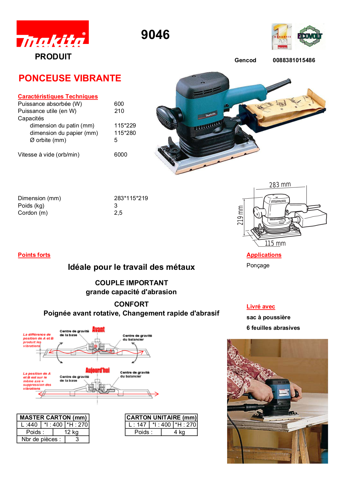 Makita 9046 TECHNICAL CHARACTERISTICS