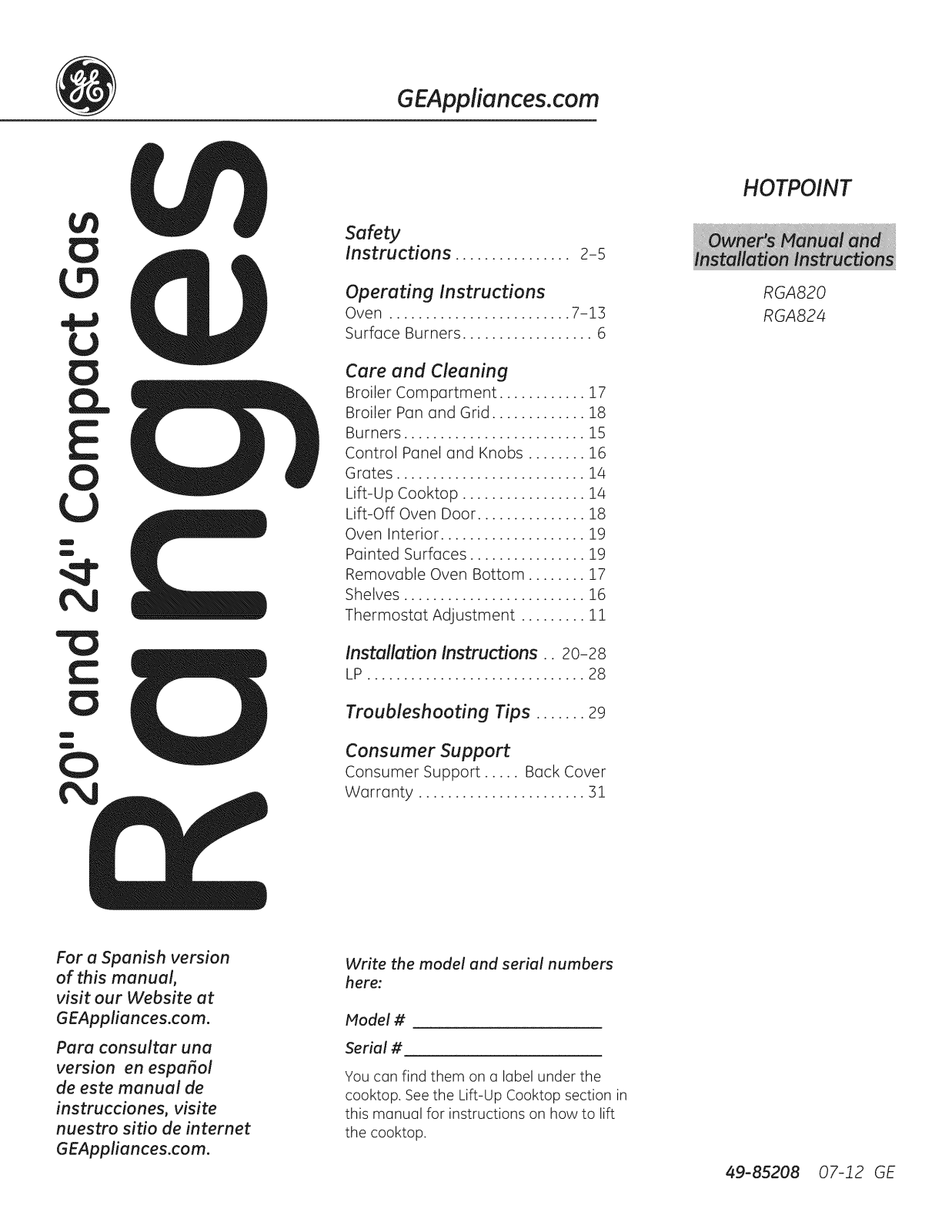 Hotpoint RGA824DED1WW, RGA820DED1WW, RGA724EK6WH, RGA724EK5WH, RGA720EK7WH Owner’s Manual