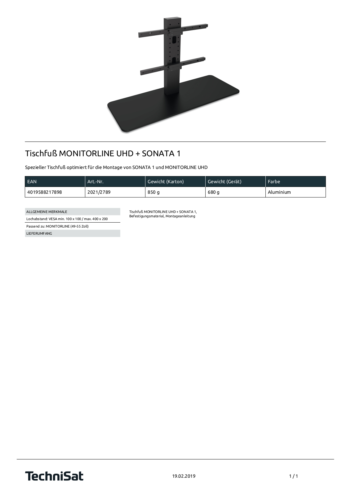 TechniSat MONITORLINE UHD + SONATA 1 Technische details