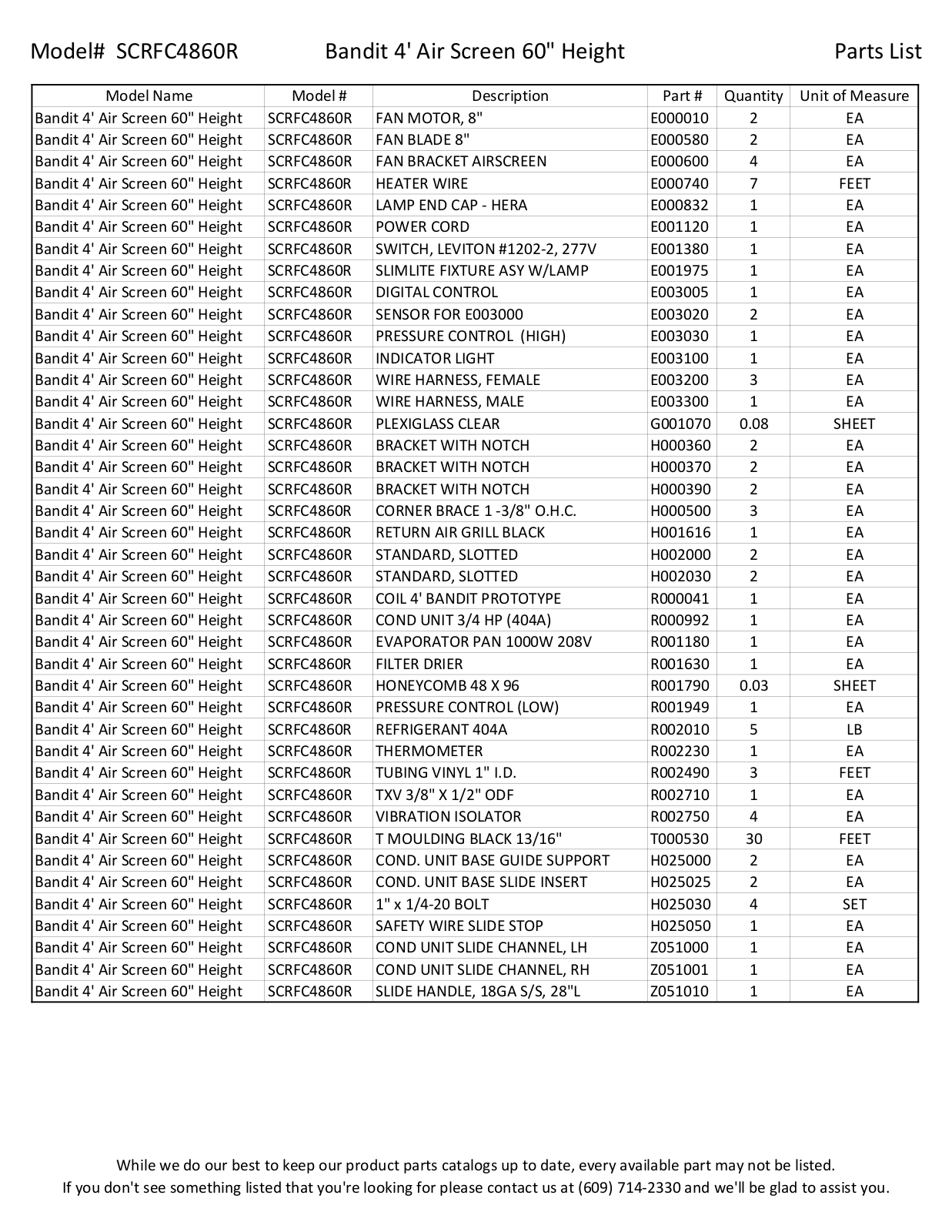 RPI Industries SCRFC4860R Parts List