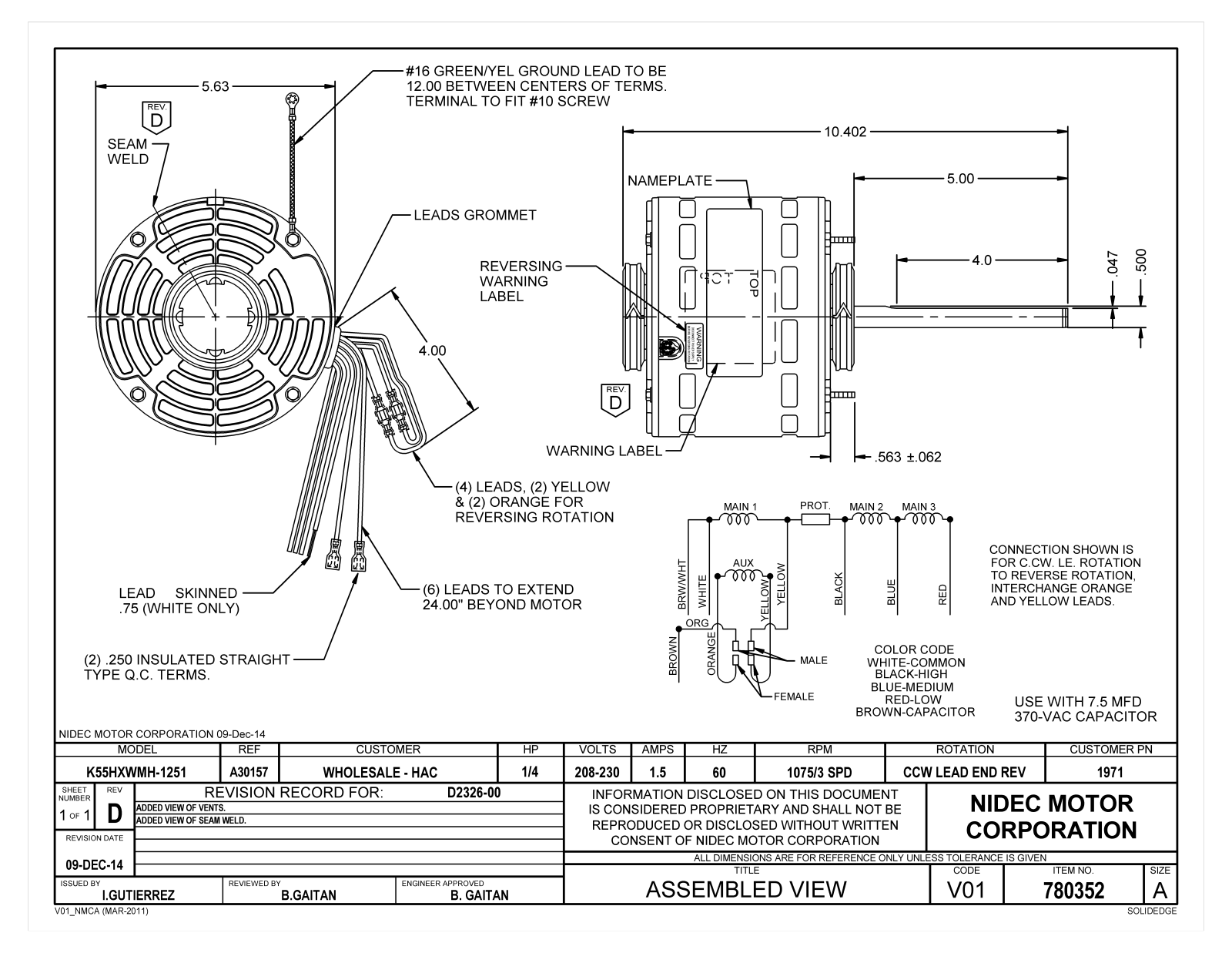 US Motors 1971 Dimensional Sheet