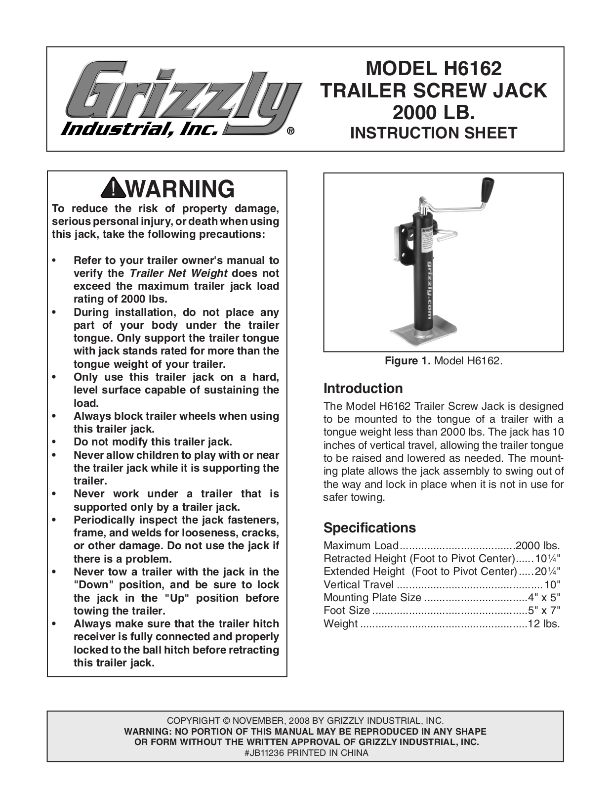 Grizzly H6162 User Manual