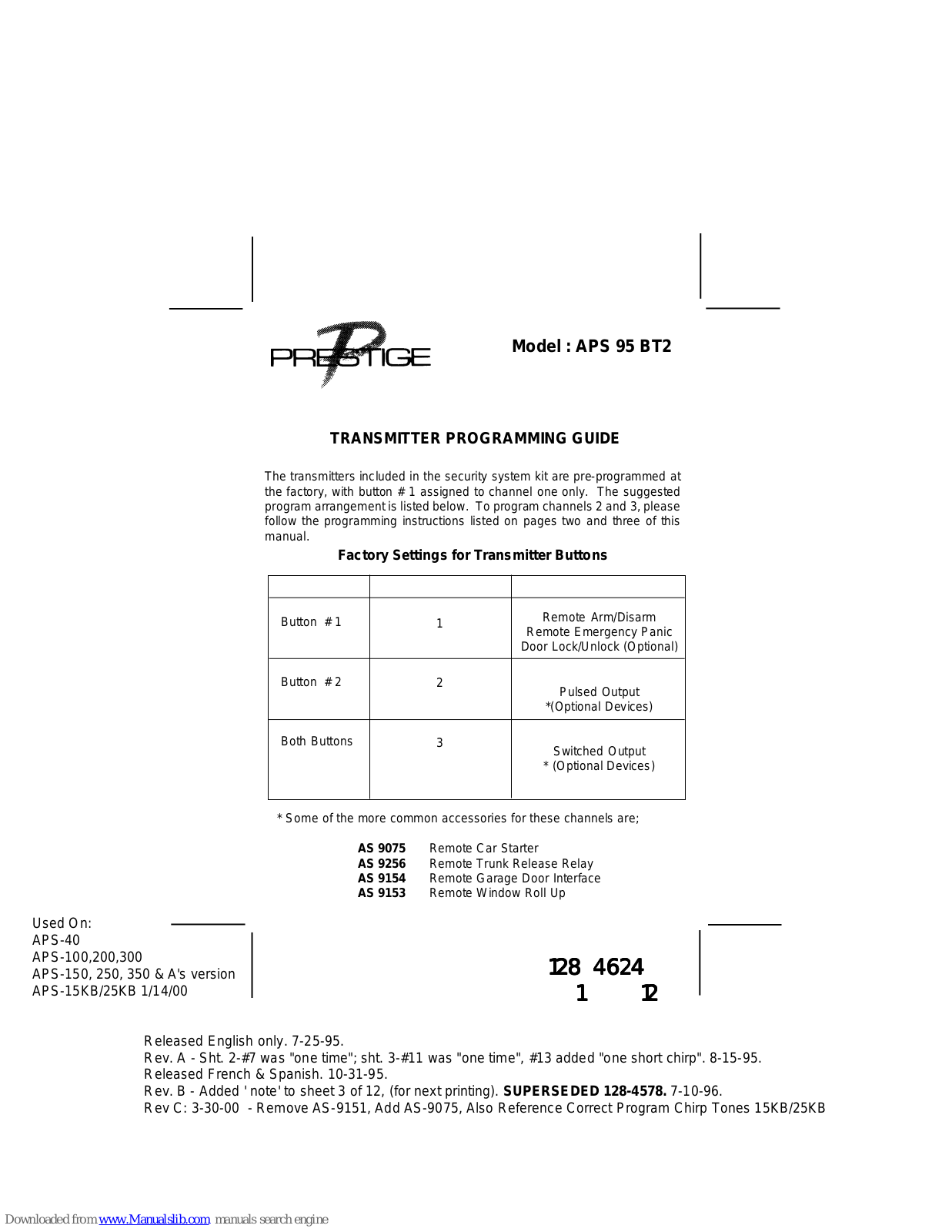 Prestige APS95BT2 - Car - Code Learning, APS 95 BT2 Transmitter Programming Manual