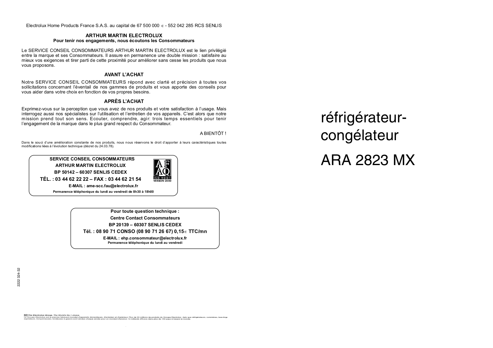 ARTHUR MARTIN ARA2823MX User Manual