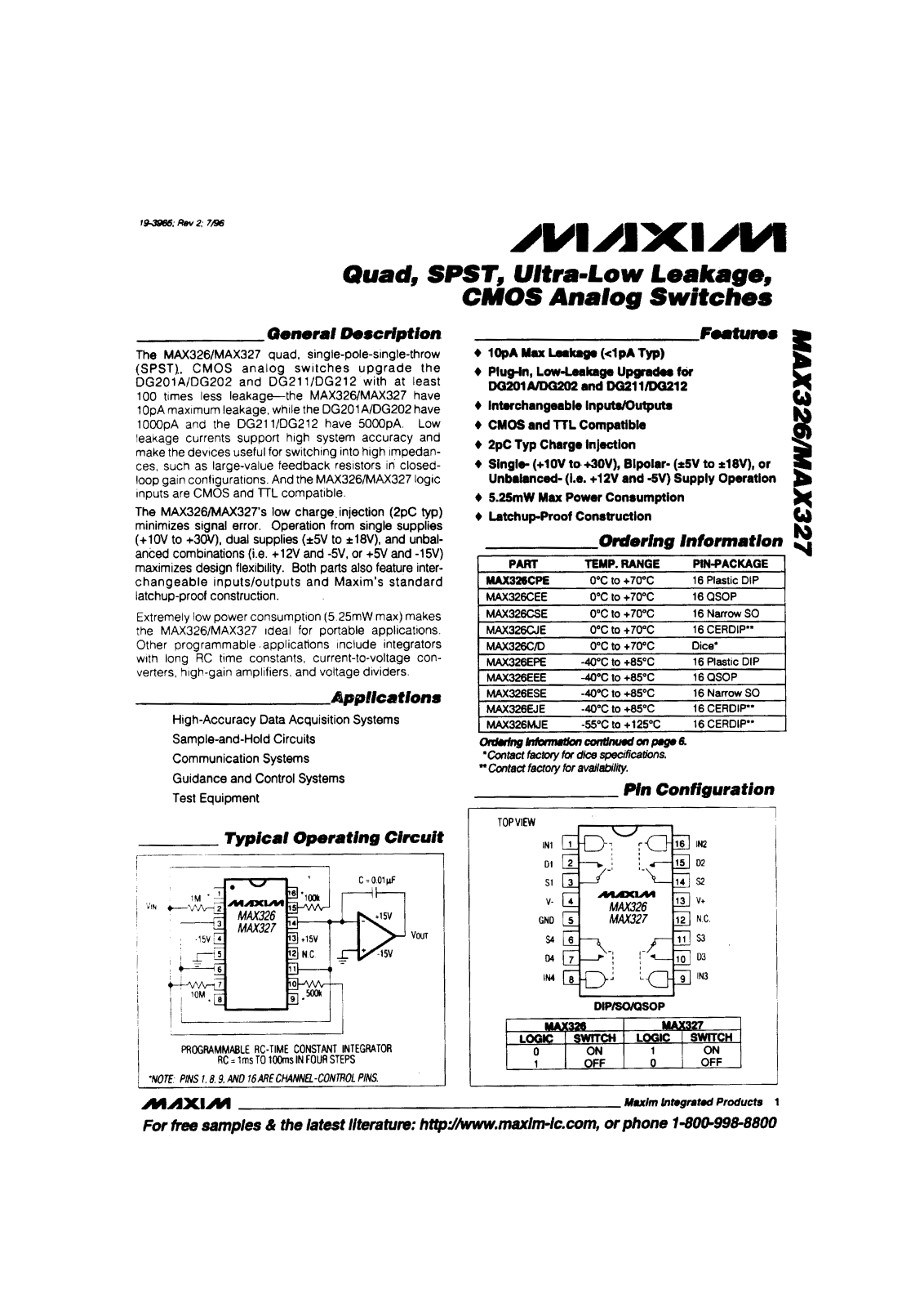 Maxim MAX327EEE, MAX327CSE, MAX327CPE, MAX327CJE, MAX327CEE Datasheet