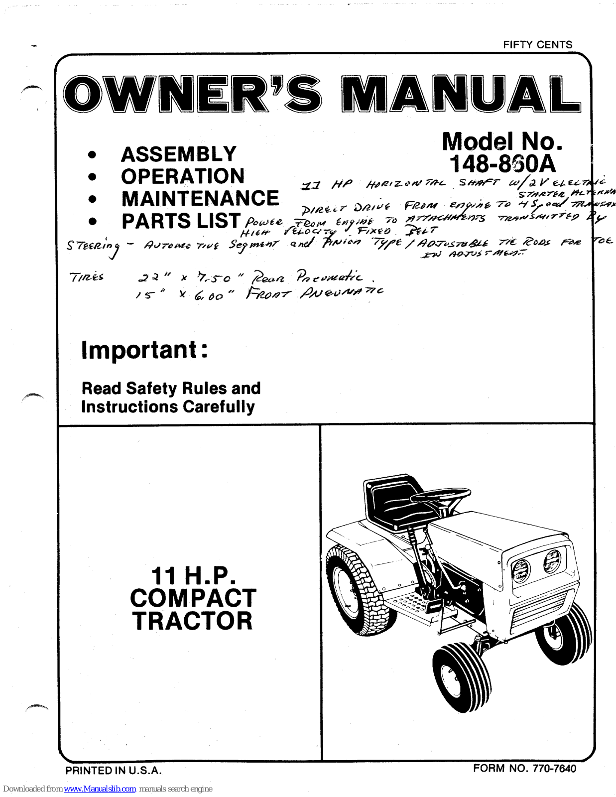 MTD 148-860A Owner's Manual