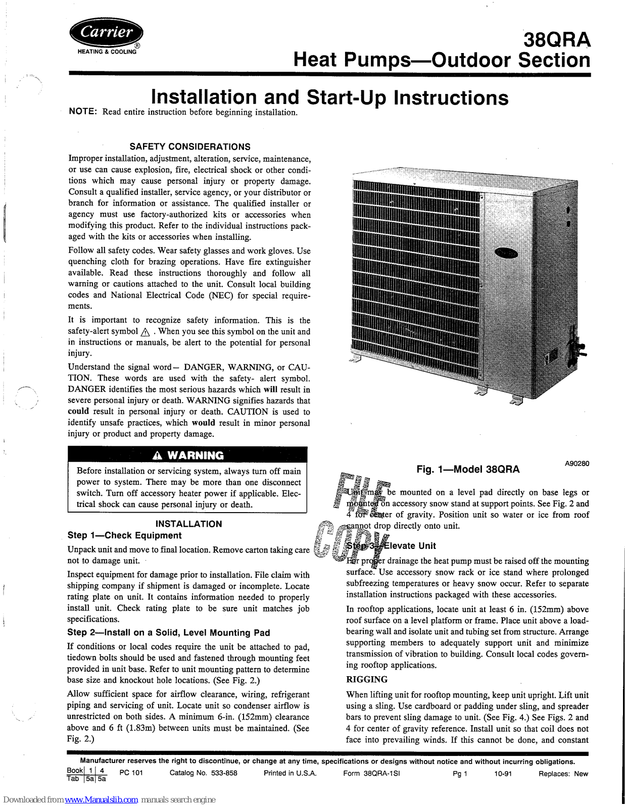 Carrier HEATING AND COOLING 38QRA, 38QRA018, 38QRA024, 38QRA030, 38QRA036 Installation And Start-up Instructions Manual