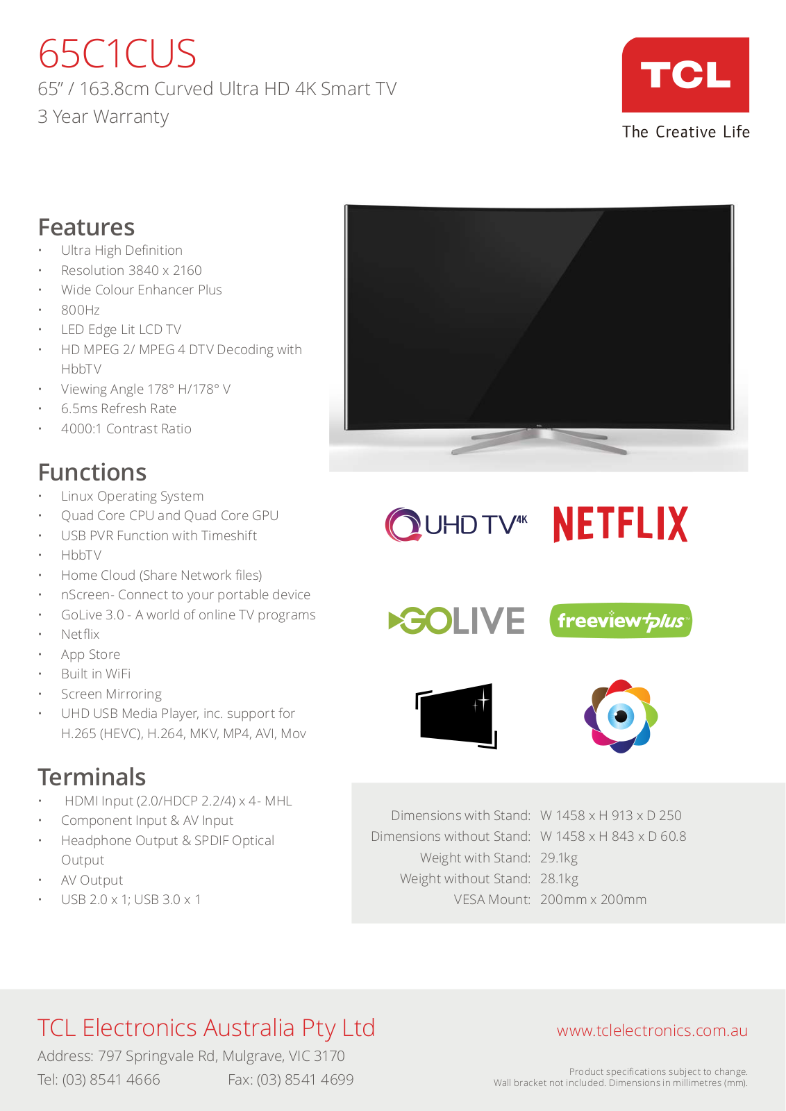 TCL 65C1CUS Specifications Sheet