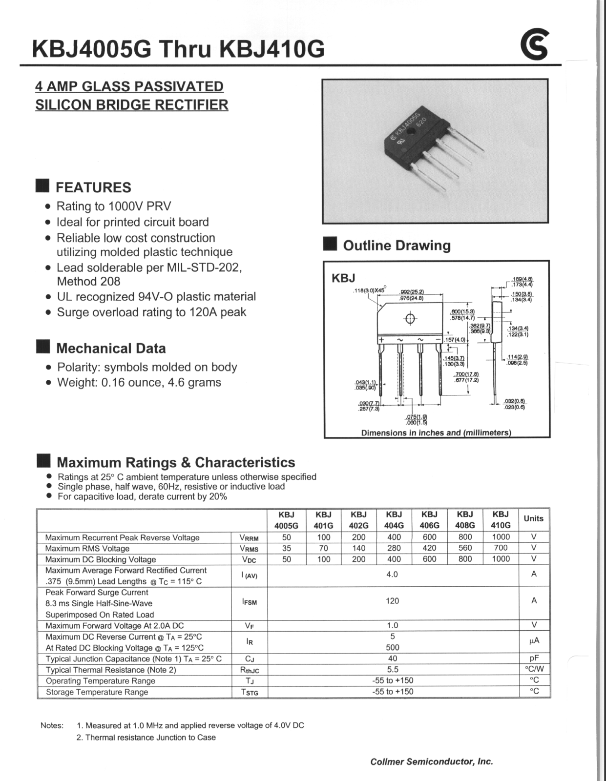 CALLMER KBJ410G, KBJ408G, KBJ404G, KBJ402G, KBJ401G Datasheet