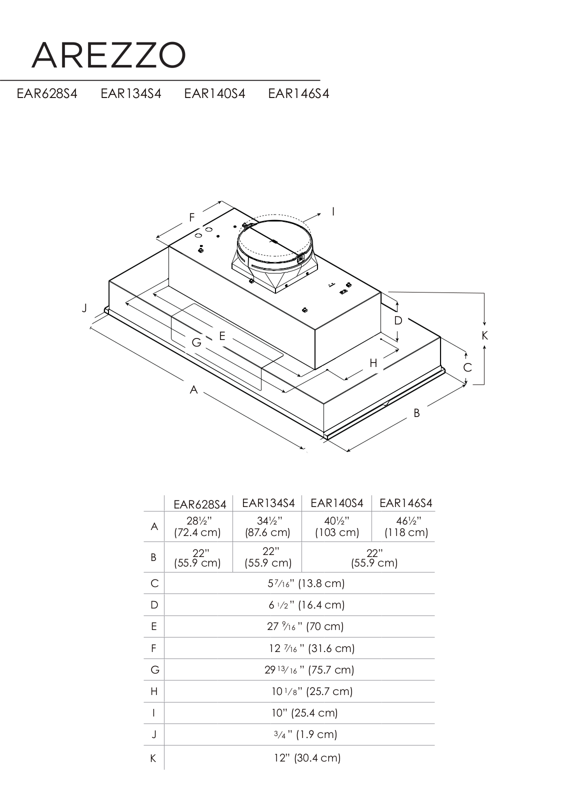 Elica EAR628S4, EAR134S4, EAR140S4, EAR146S4 Dimensions Drawing