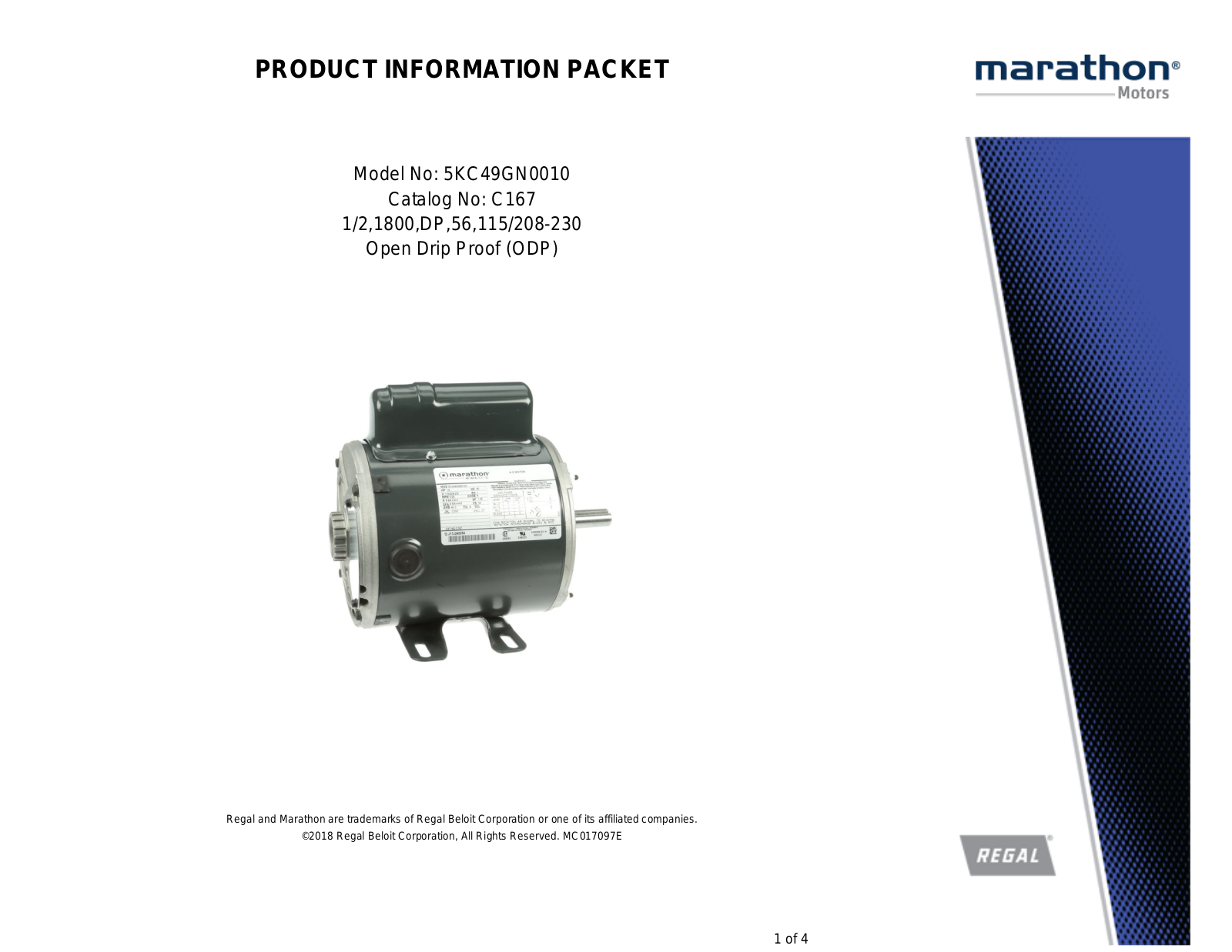 Marathon Electric 5KC49GN0010 Product Information Packet