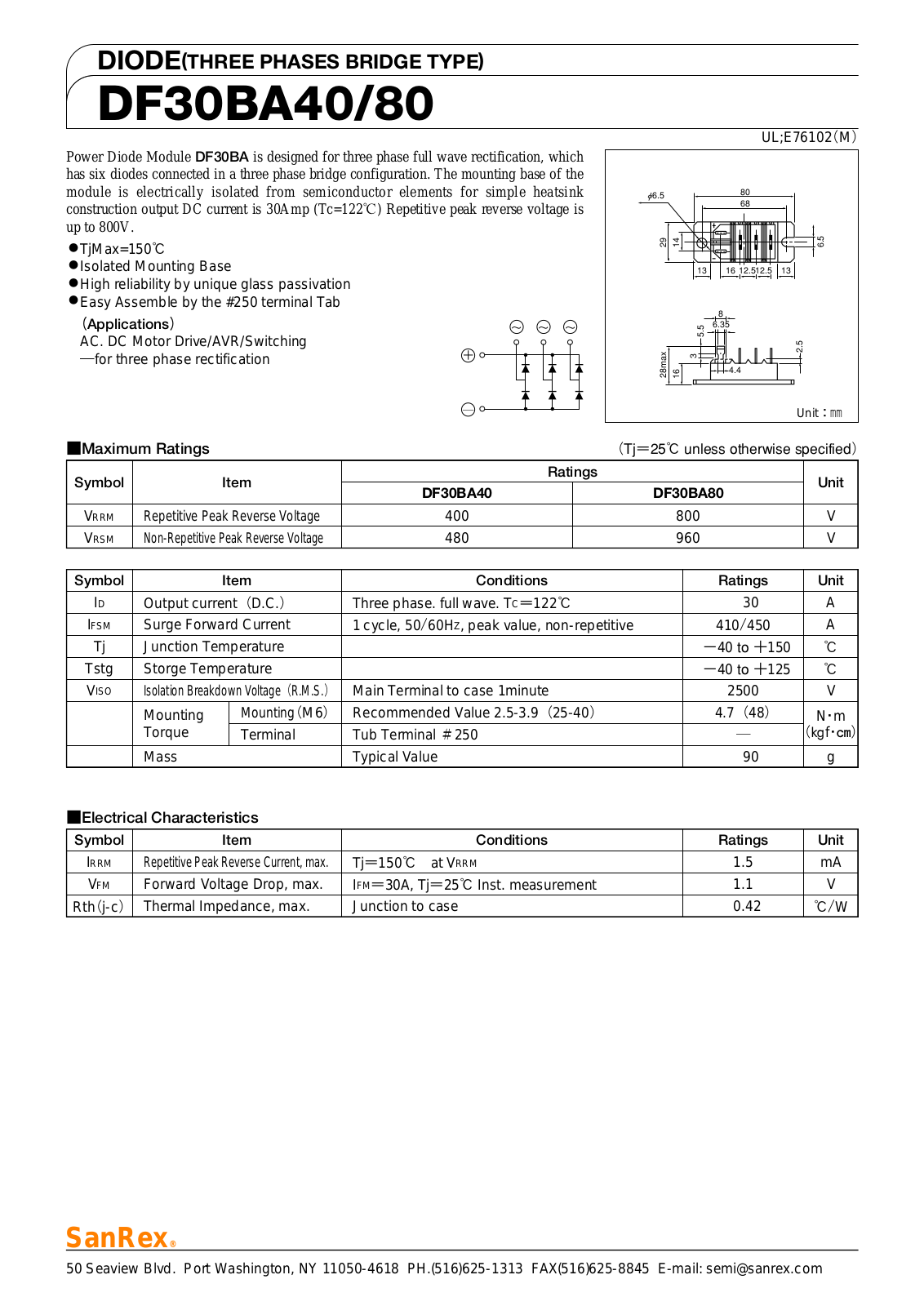 Sanrex-Sansha Electric Manufacturing DF30BA40, DF30BA80 Data Sheet